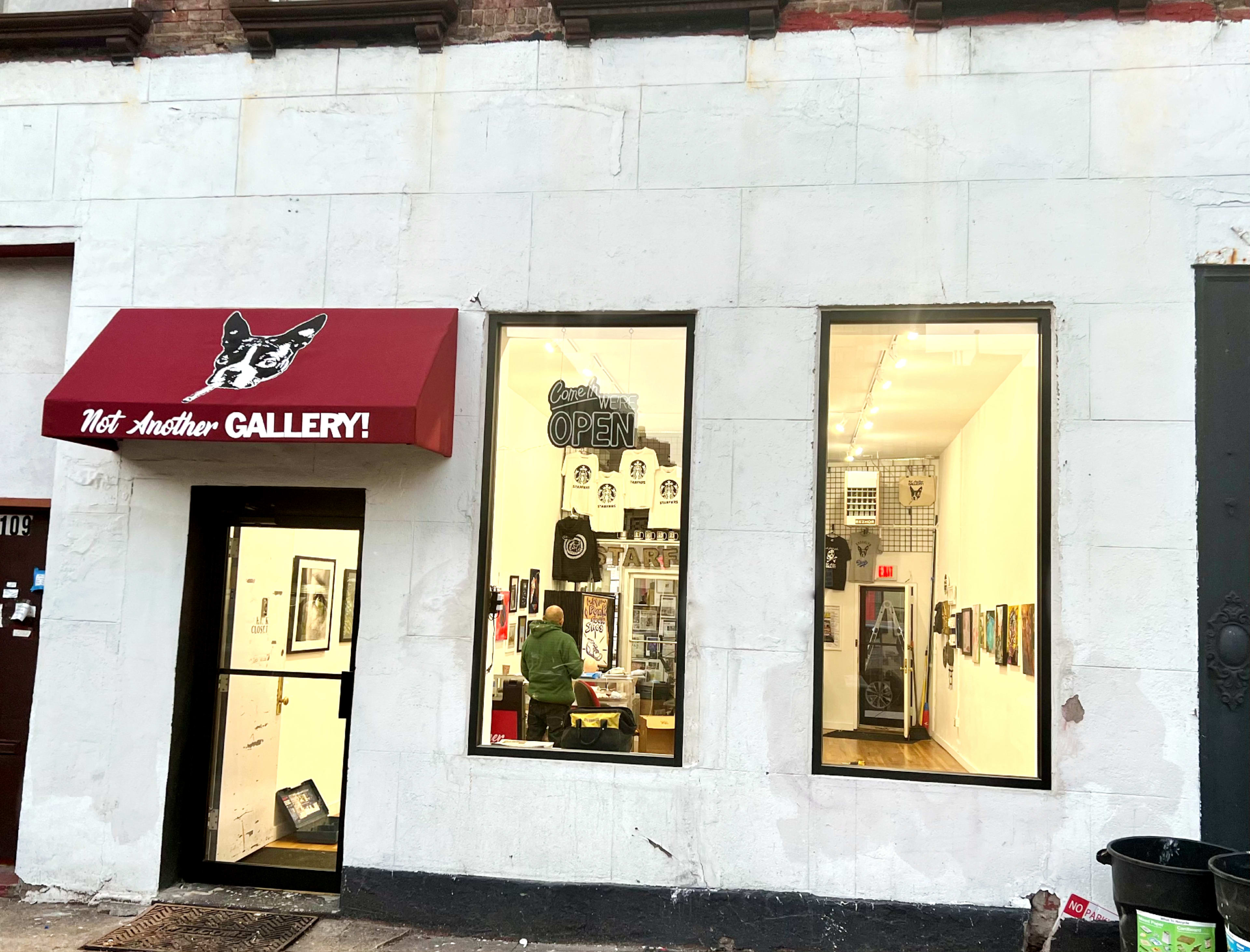 A storefront named "Not Another GALLERY!" with a red awning, featuring large windows displaying various artworks and a person inside.