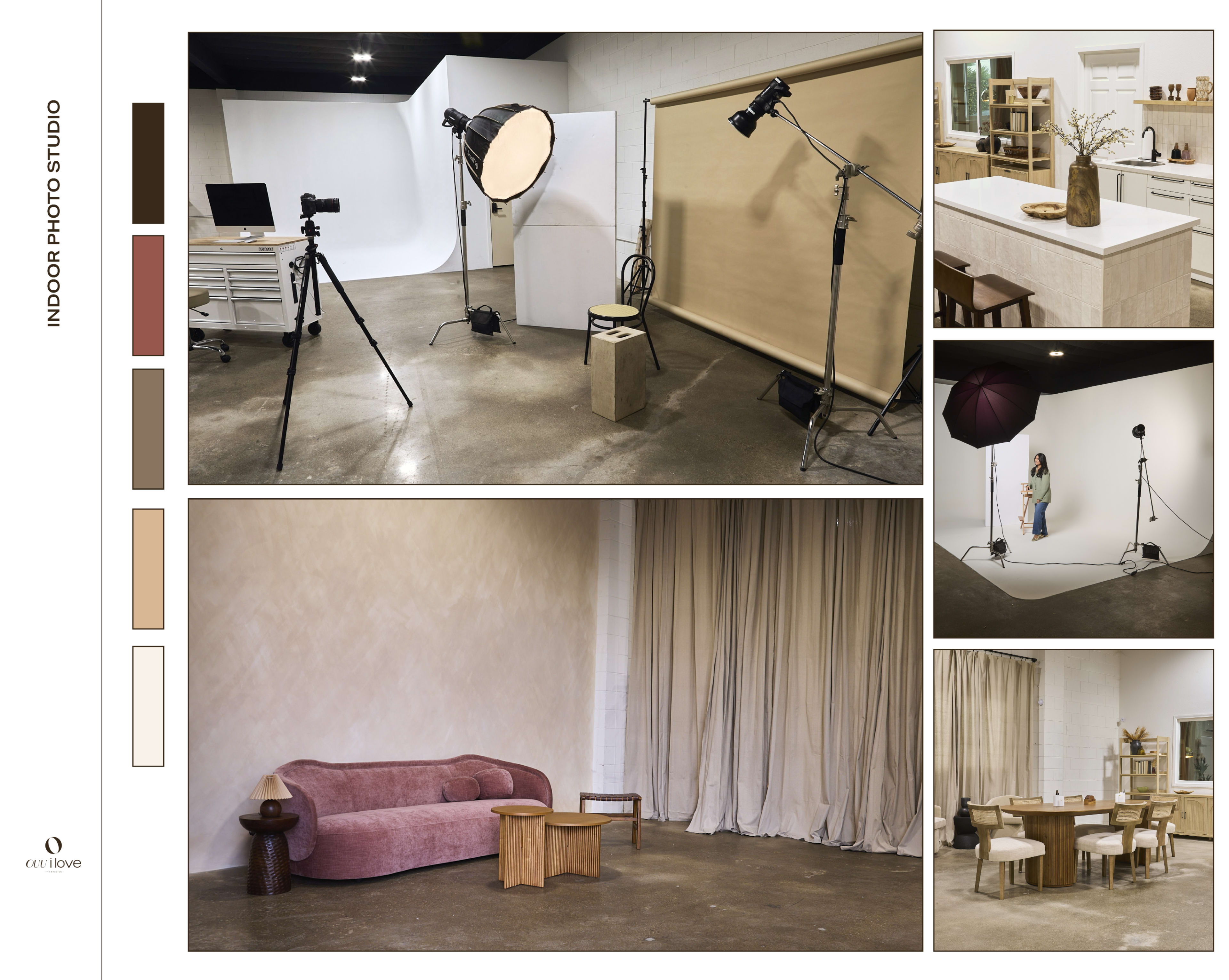 The image shows an indoor photo studio featuring various setups, including a backdrop, lighting equipment, and furniture arrangements for photography.