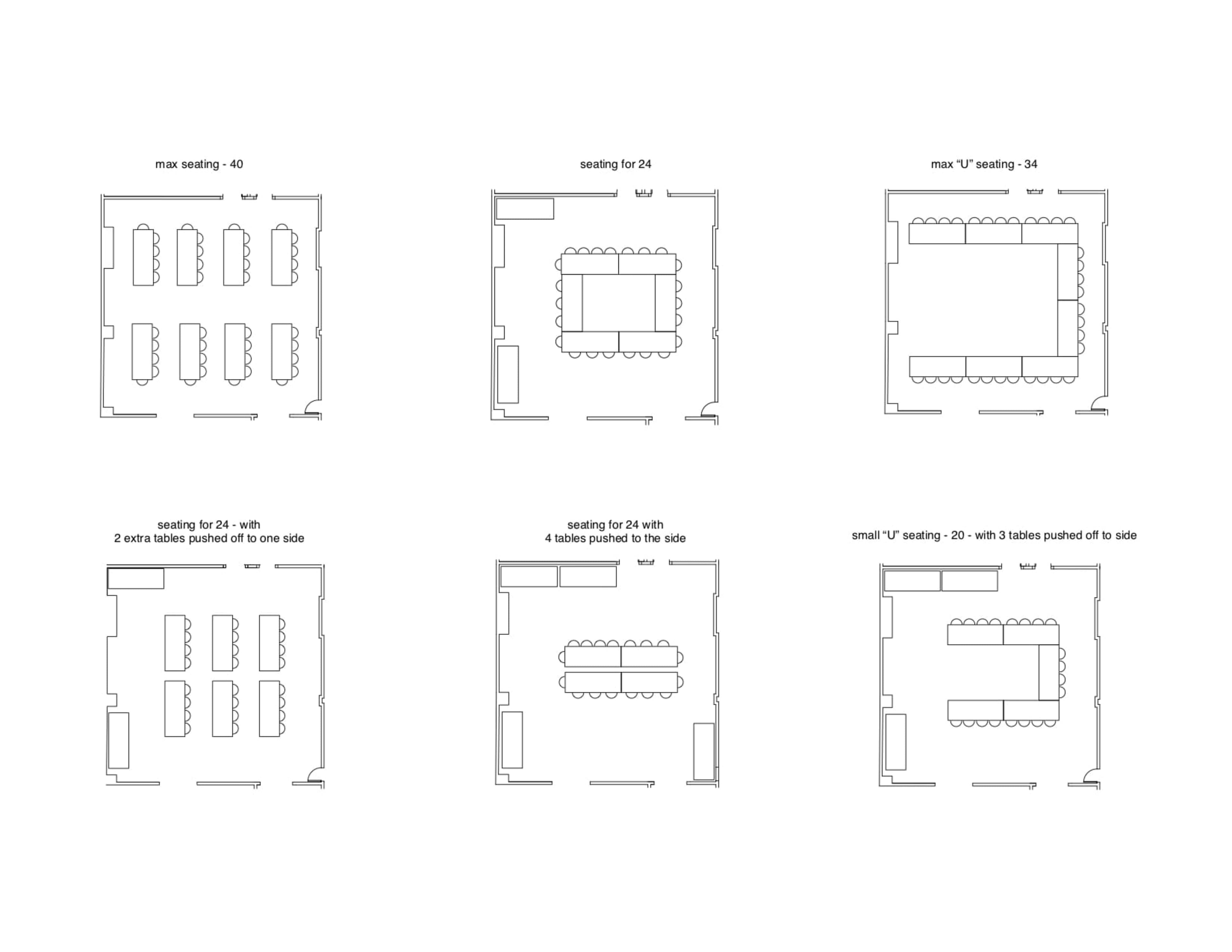 The image displays various seating arrangements for a conference room, including layouts for different maximum capacities and configurations.