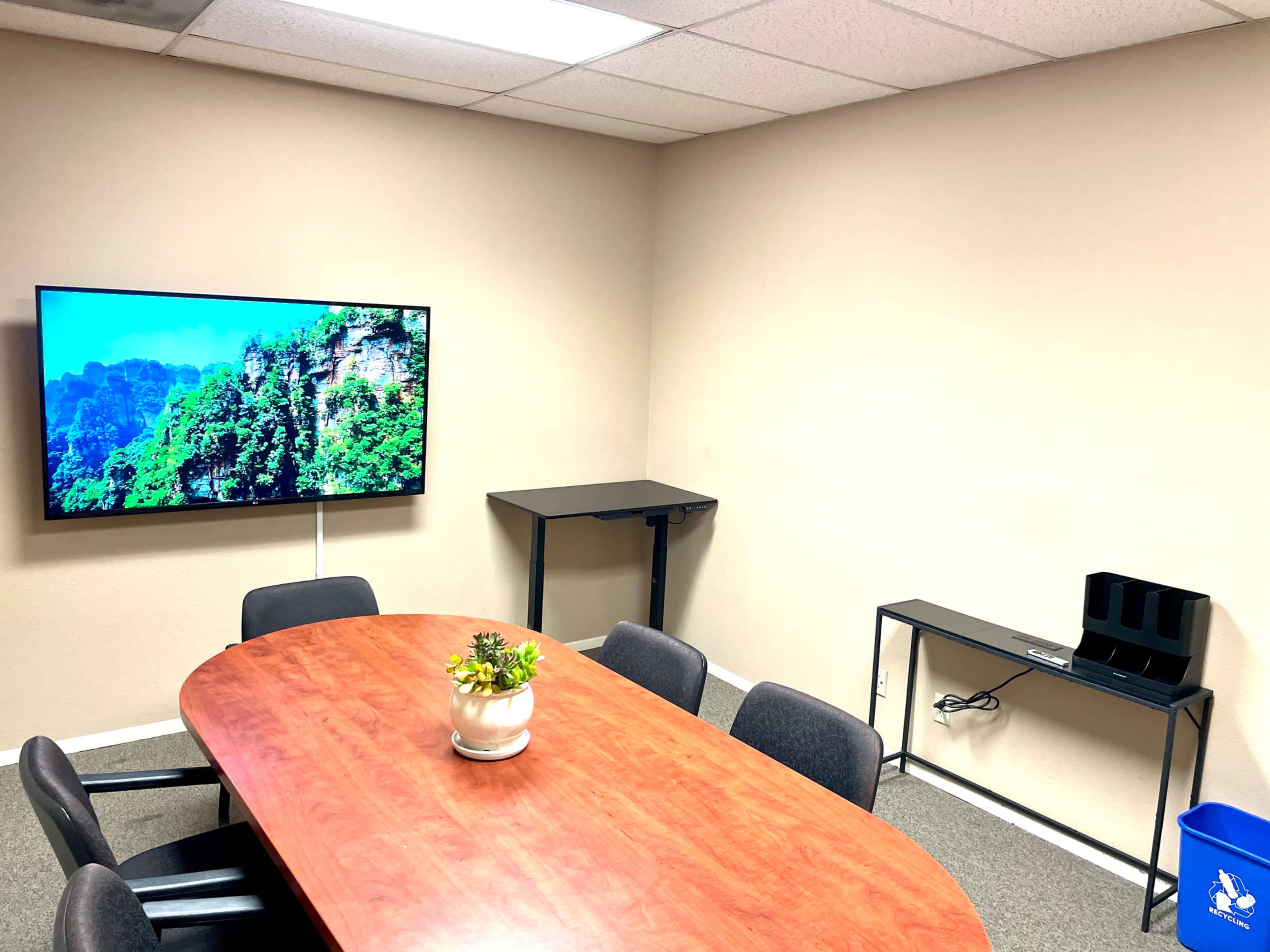 A conference room with a wooden table, several chairs, a wall-mounted TV displaying a landscape, and a small console table.