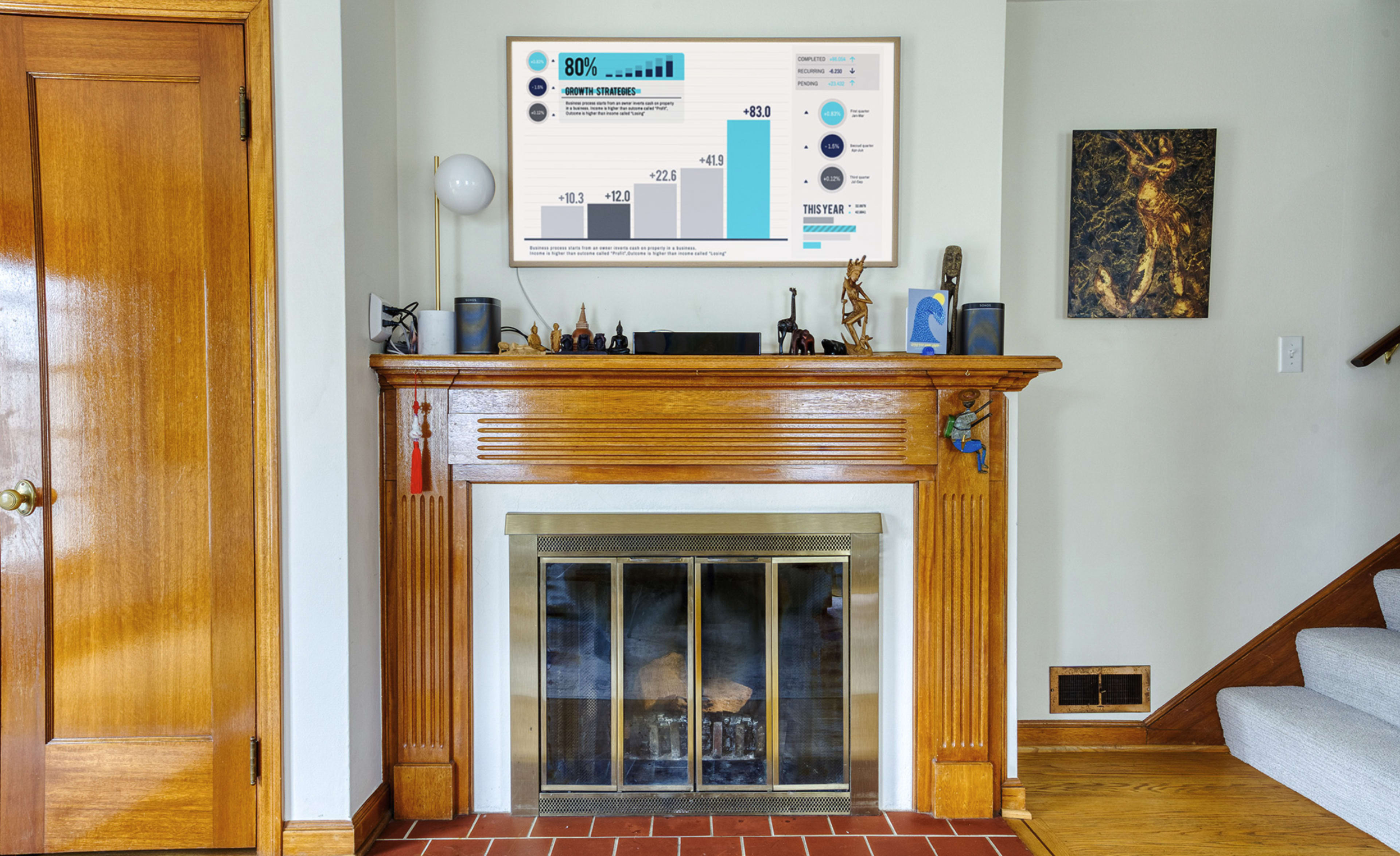 The image shows a wooden fireplace mantel featuring an infographic on the wall above it, with a staircase visible on the right side.