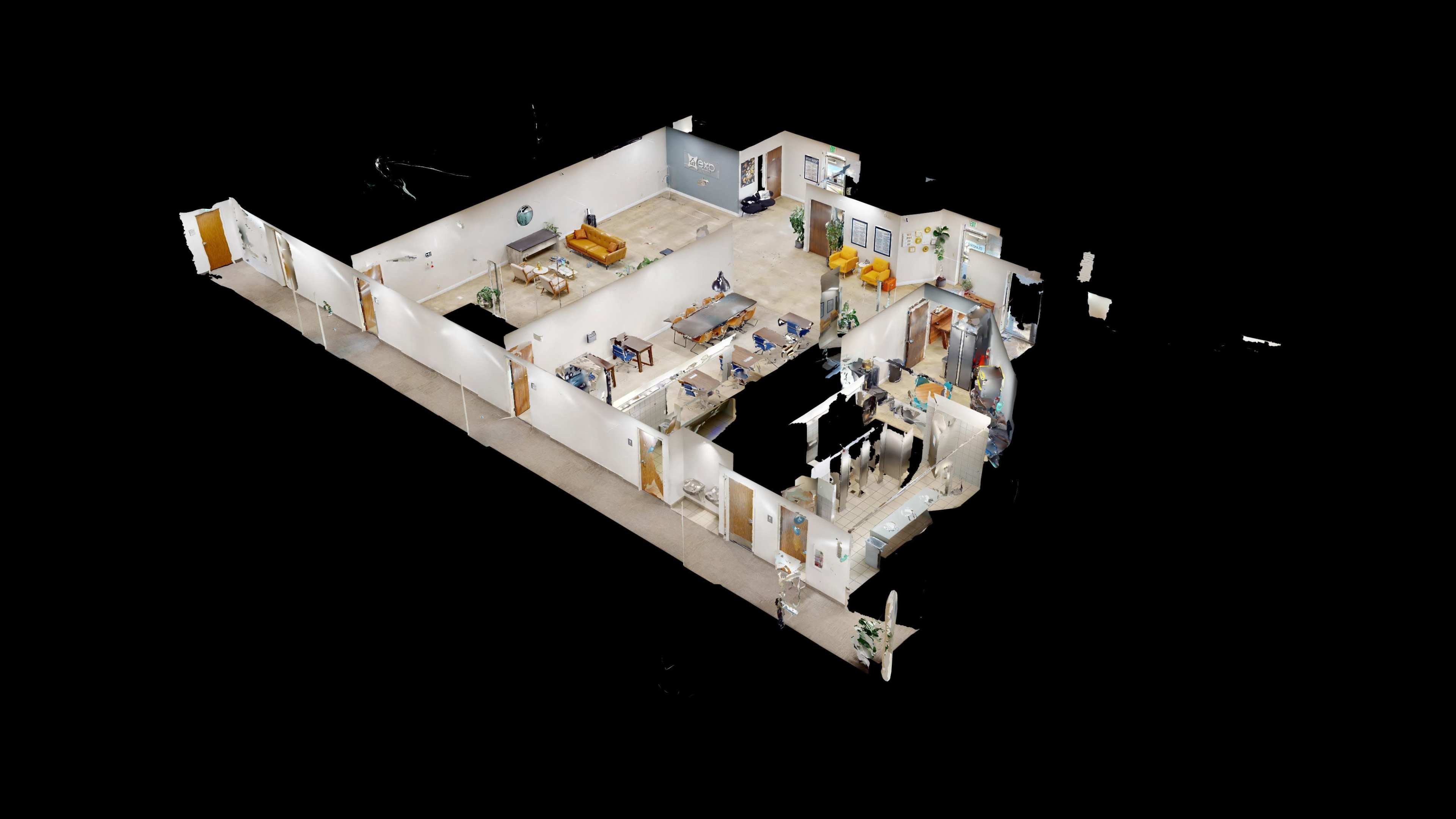The image shows a 3D floor plan of a modern house with various rooms, including a living area, dining space, and kitchen.