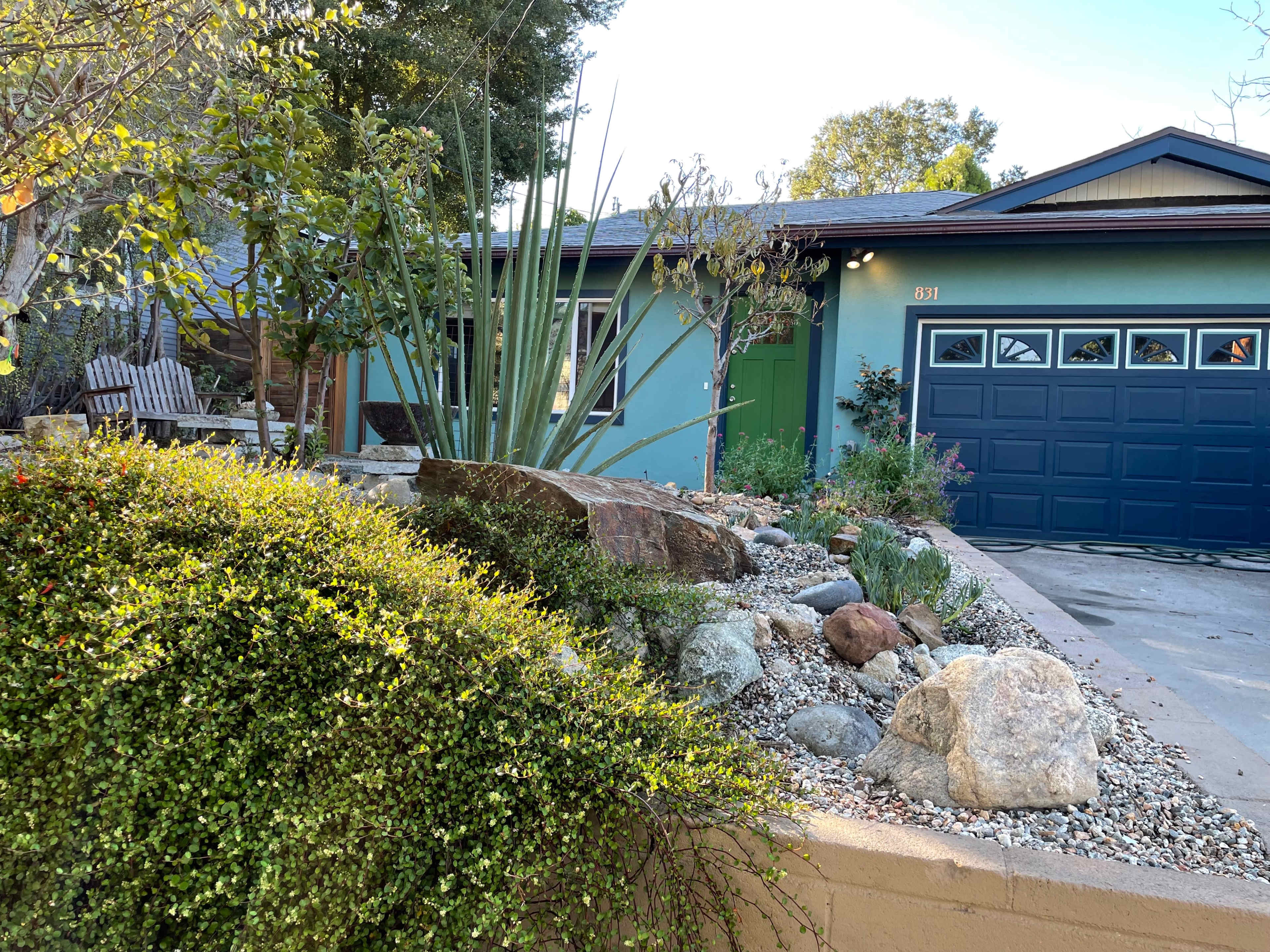 A landscaped front yard features rocks, succulents, and shrubs in front of a blue house with a dark garage door.