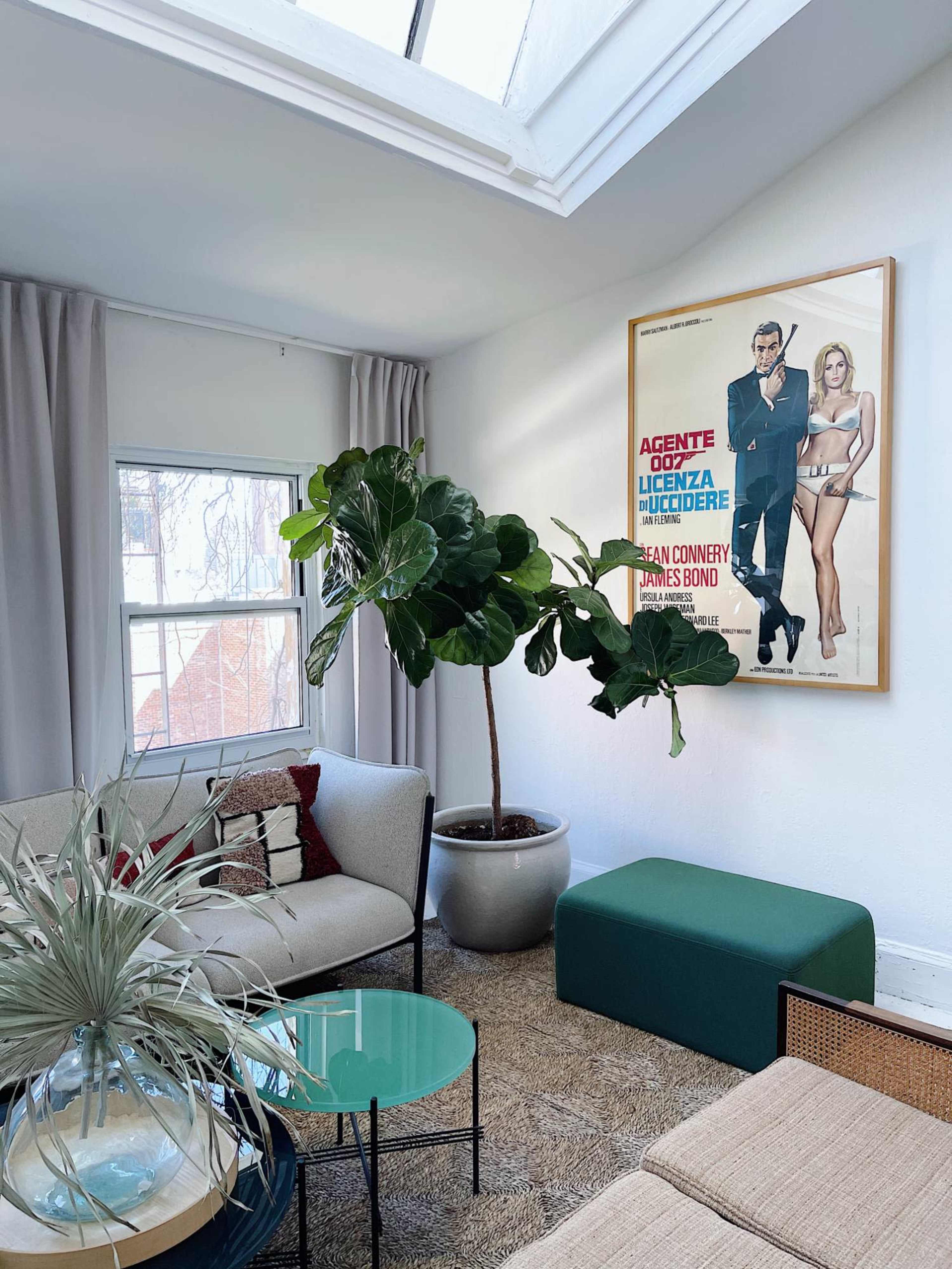 A living room features a framed movie poster, a large potted plant, a green bench, and modern furniture against a backdrop of natural light from a skylight.