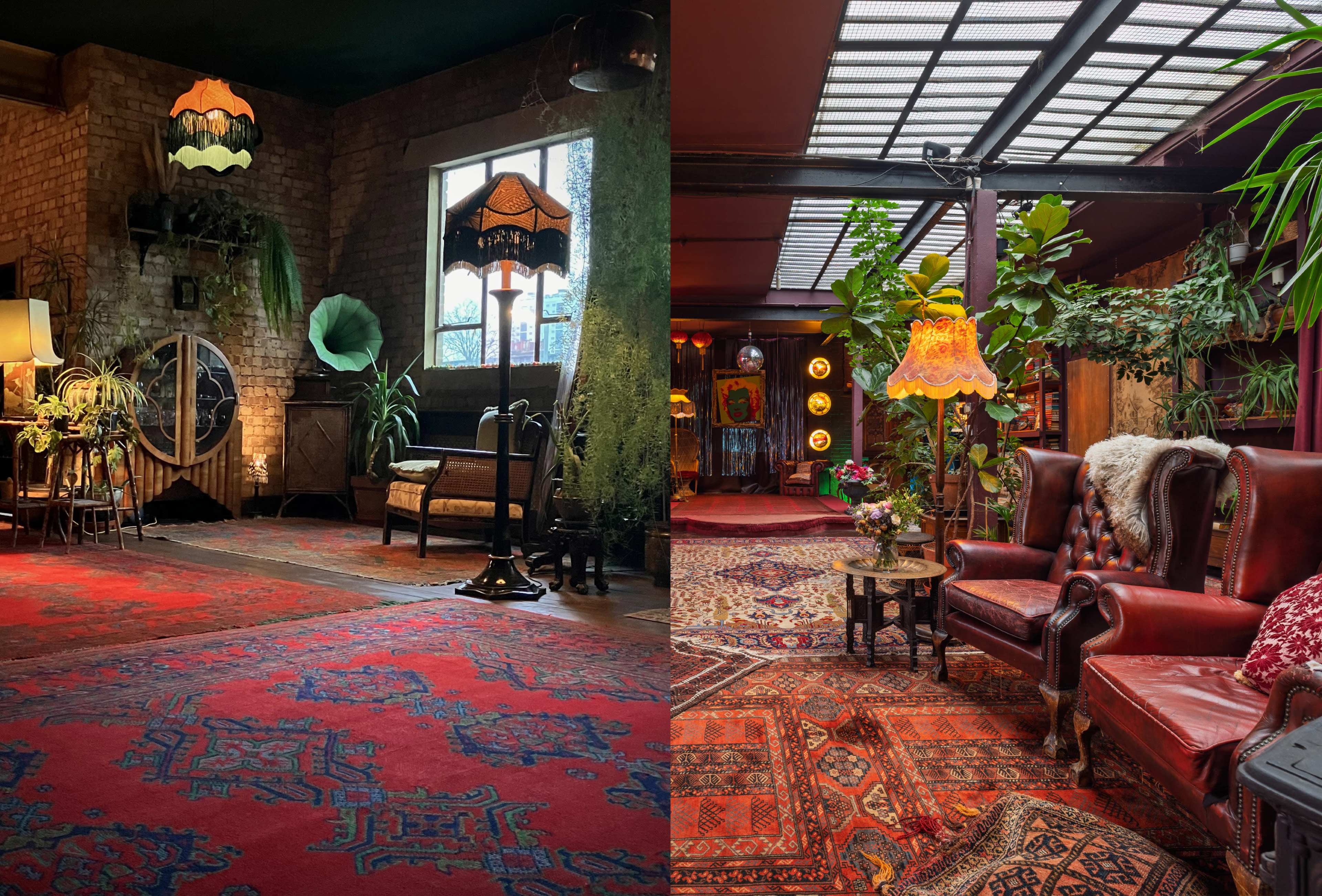 The image shows two connected interior spaces with vintage furniture, decorative lamps, and patterned rugs, featuring plants and a large window letting in natural light.