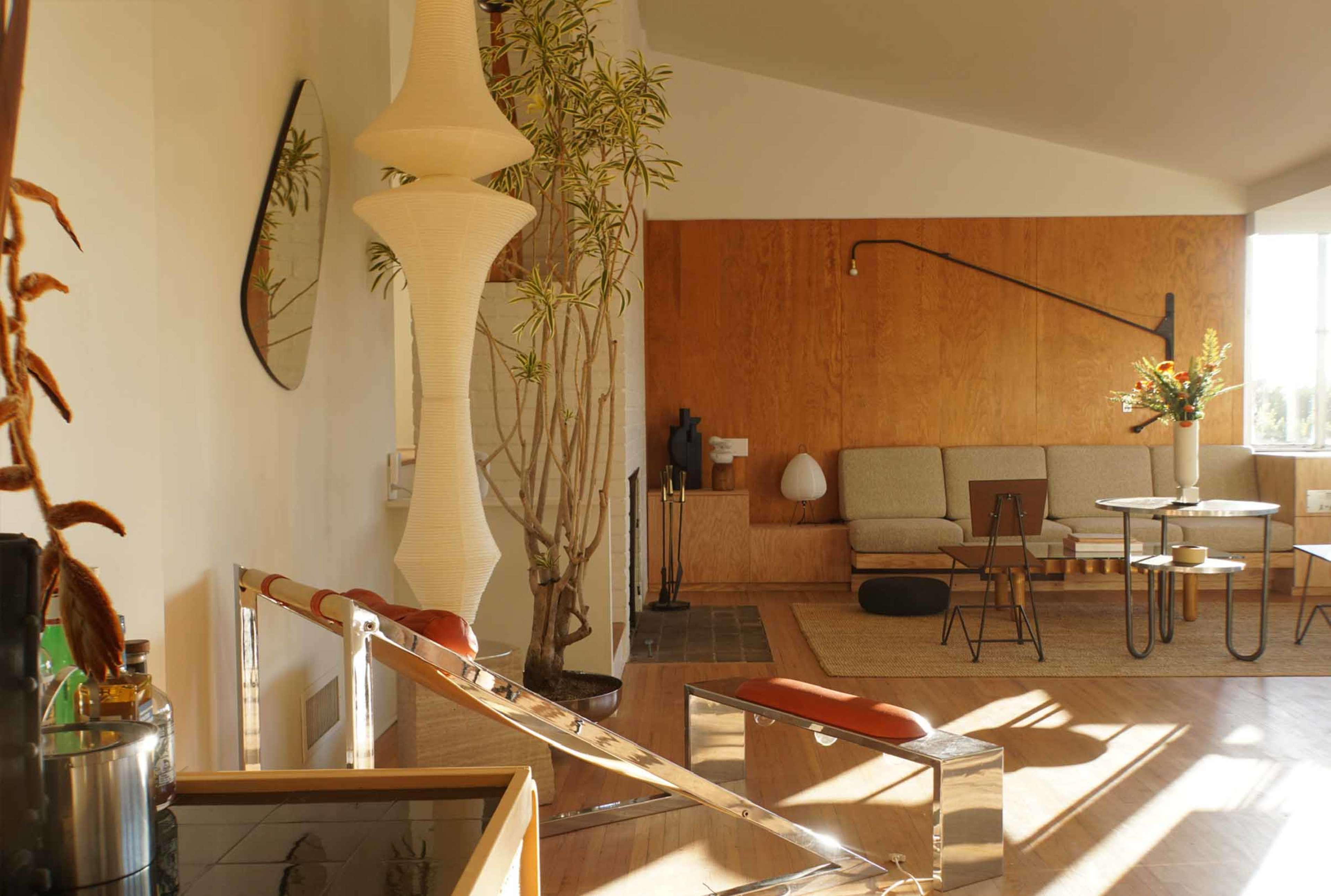 The image depicts a modern interior living space featuring minimalist furniture, a large plant, and artwork against wooden and light-colored walls.