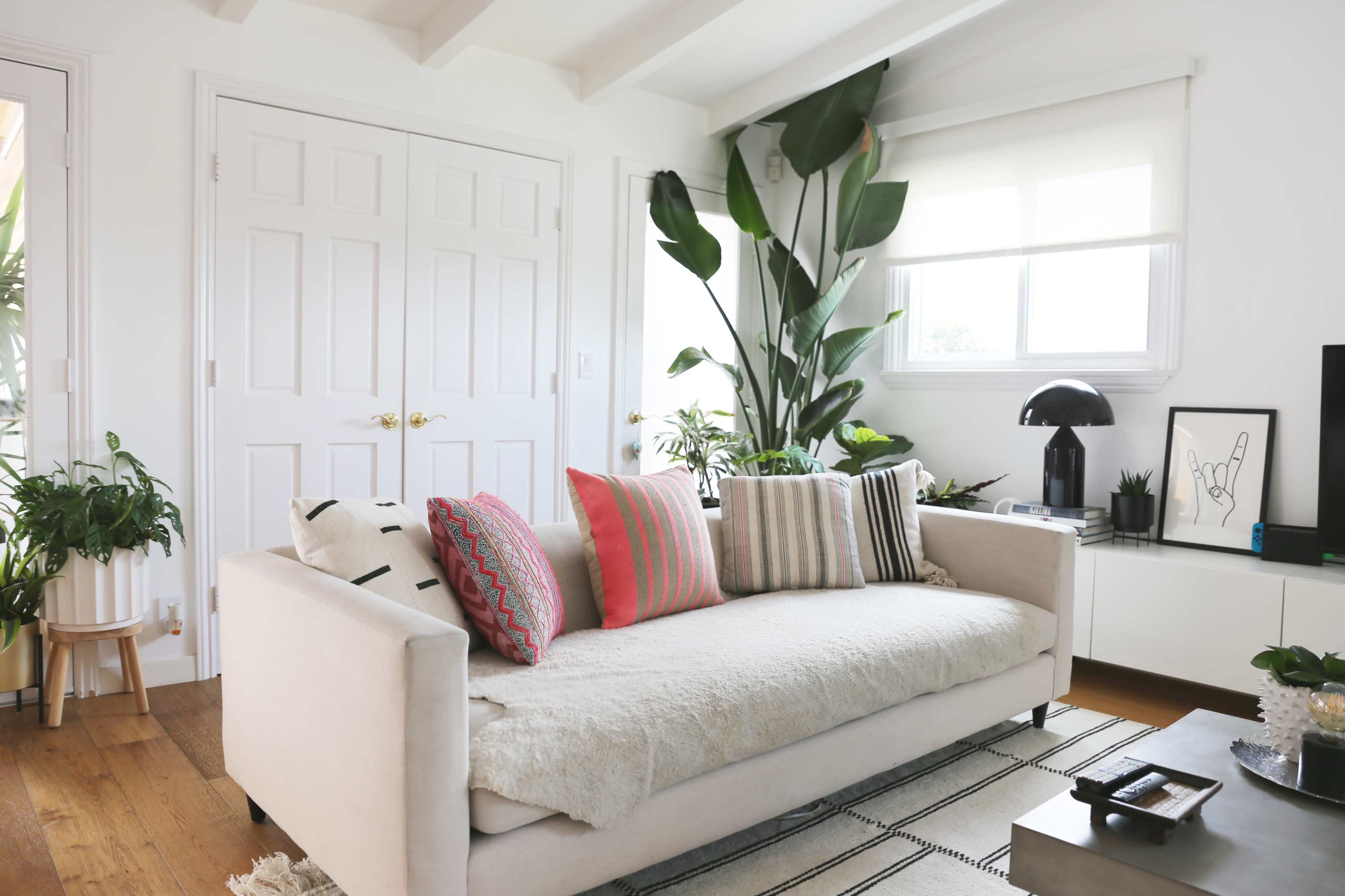 A bright living room featuring a light-colored sofa adorned with patterned cushions, surrounded by various indoor plants and a modern coffee table.