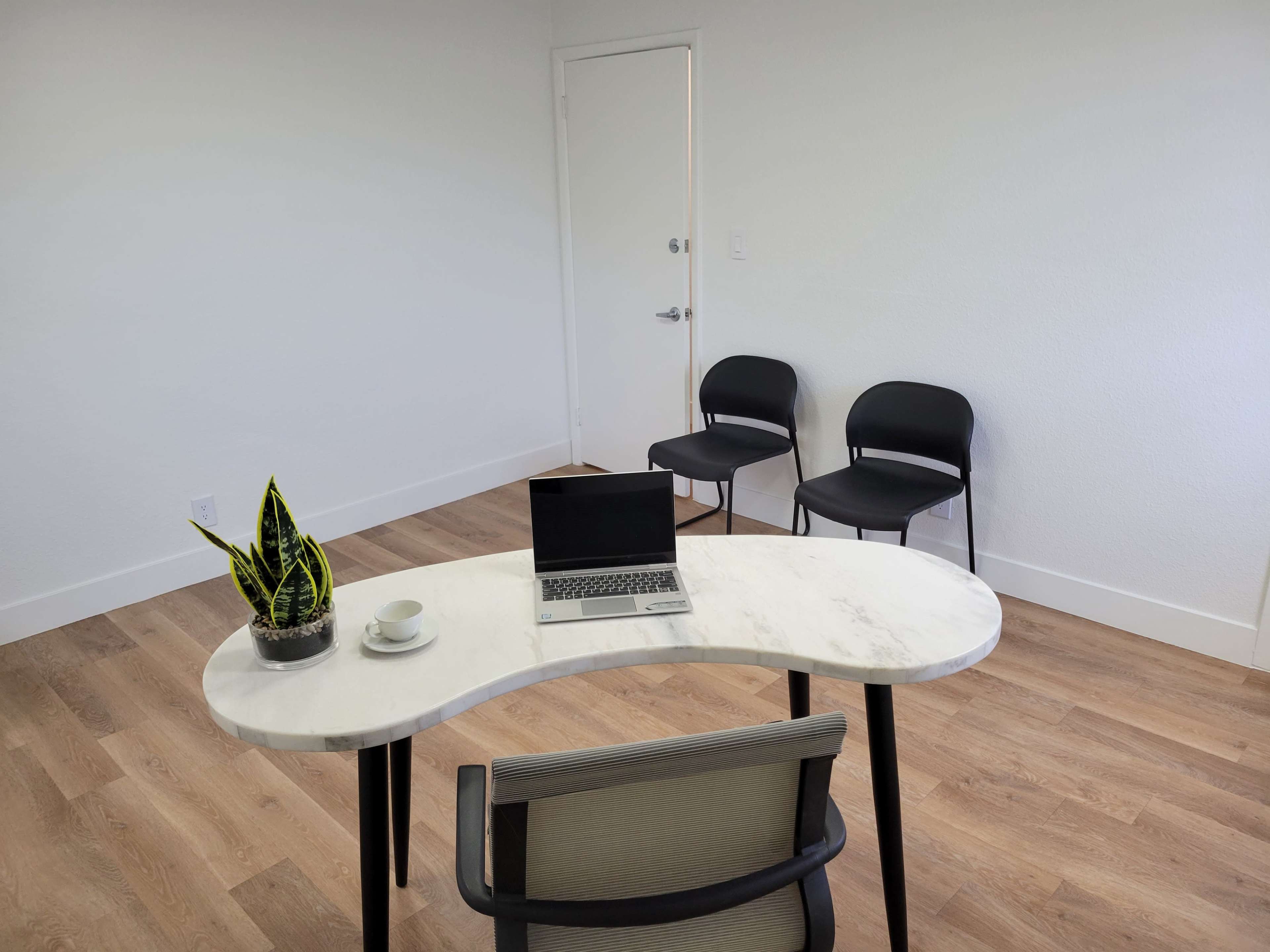 A small office features a rounded white table with a laptop and a cup on it, two black chairs positioned against the wall, and a green plant on the table.