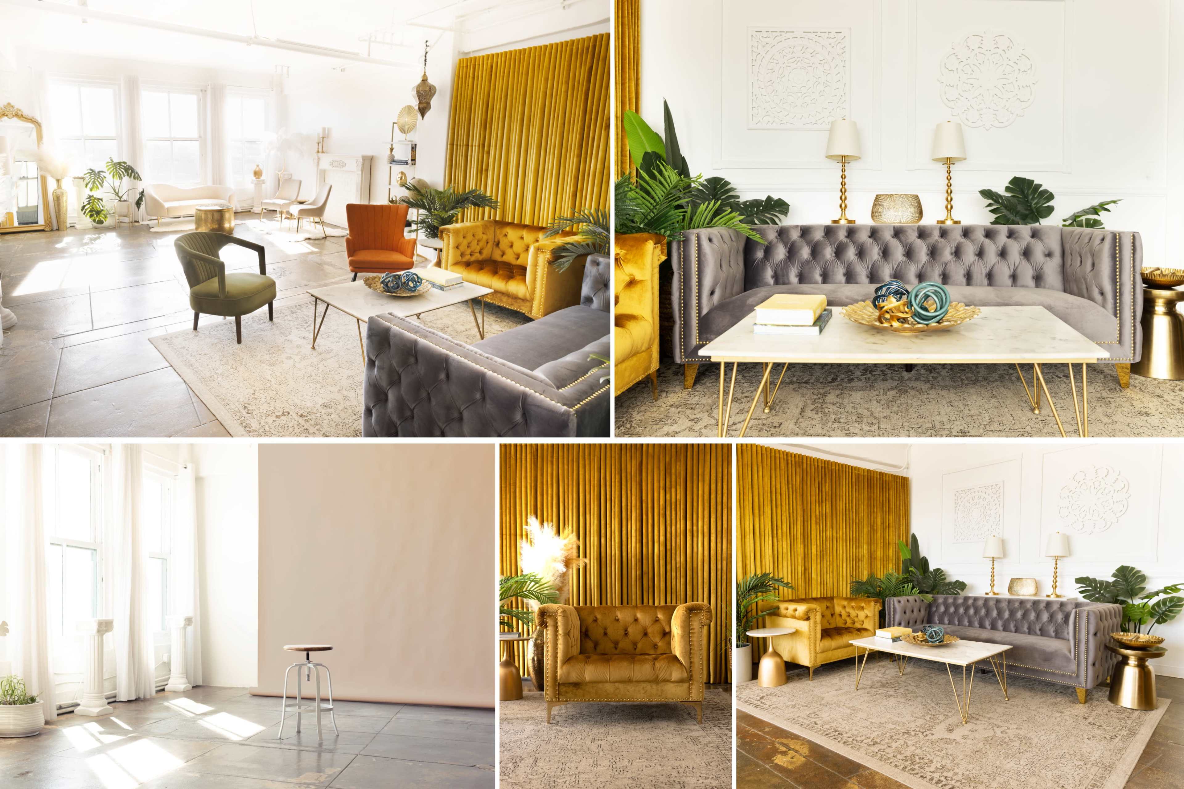 The image showcases a bright, airy room featuring various seating arrangements, potted plants, and large windows, with decor elements including a textured rug and golden curtains.