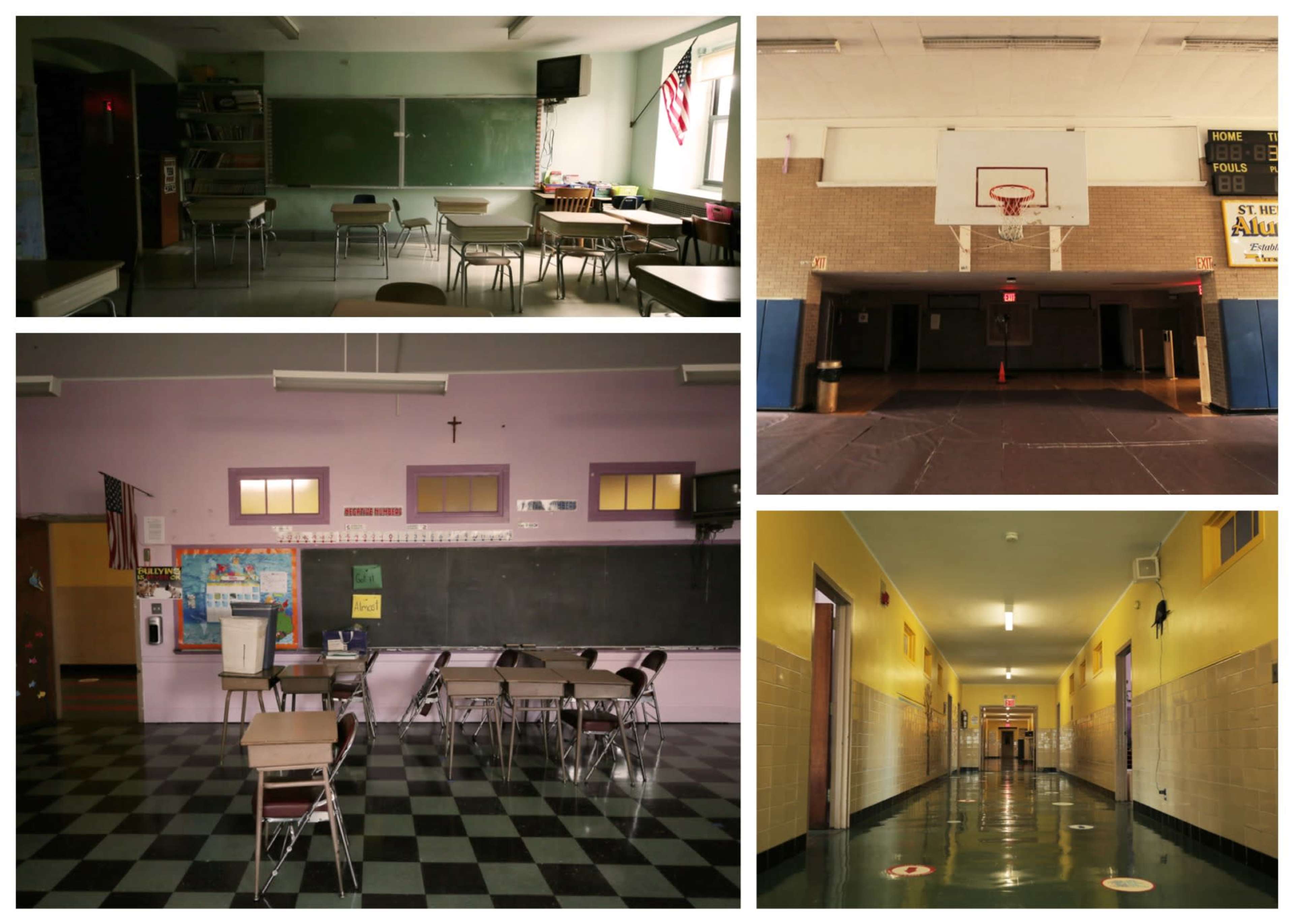 Various empty spaces in a school, including classrooms, a gymnasium with a basketball hoop, and an empty hallway.