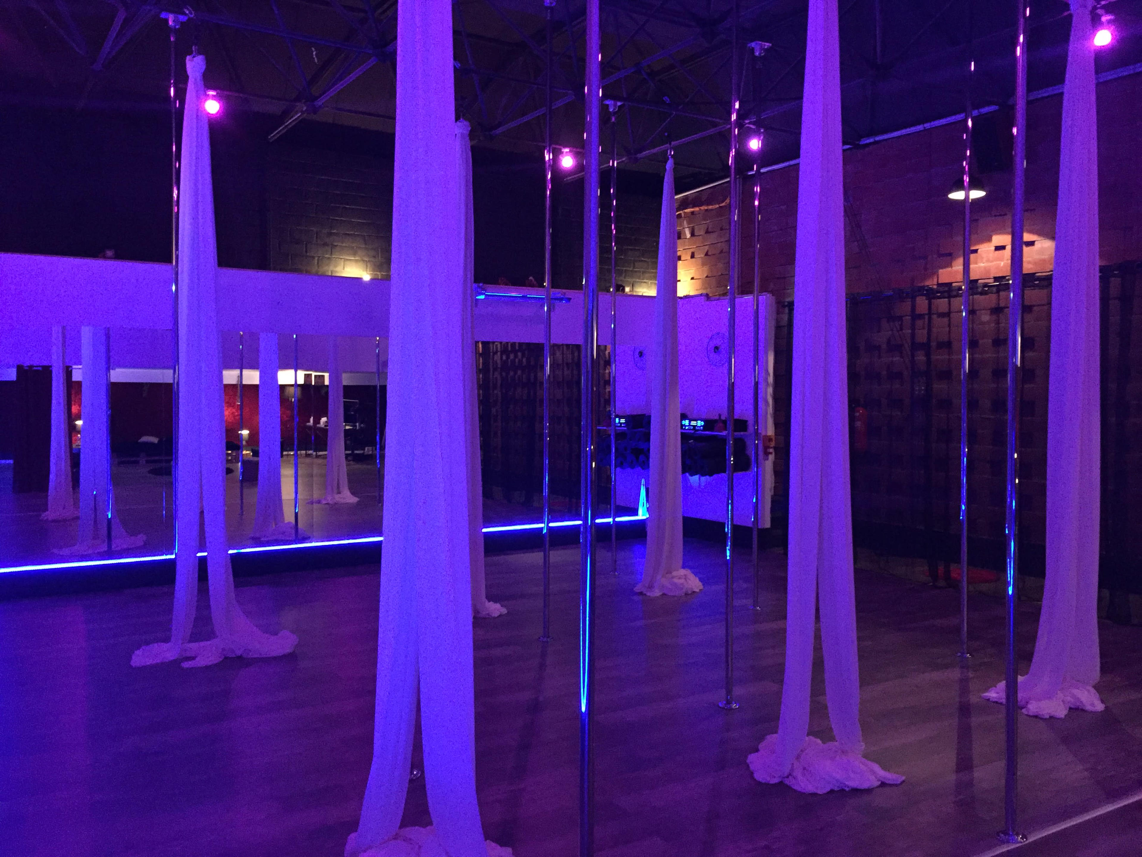 A dimly lit dance studio featuring several vertical silk fabric drapes and mirrors along the walls.
