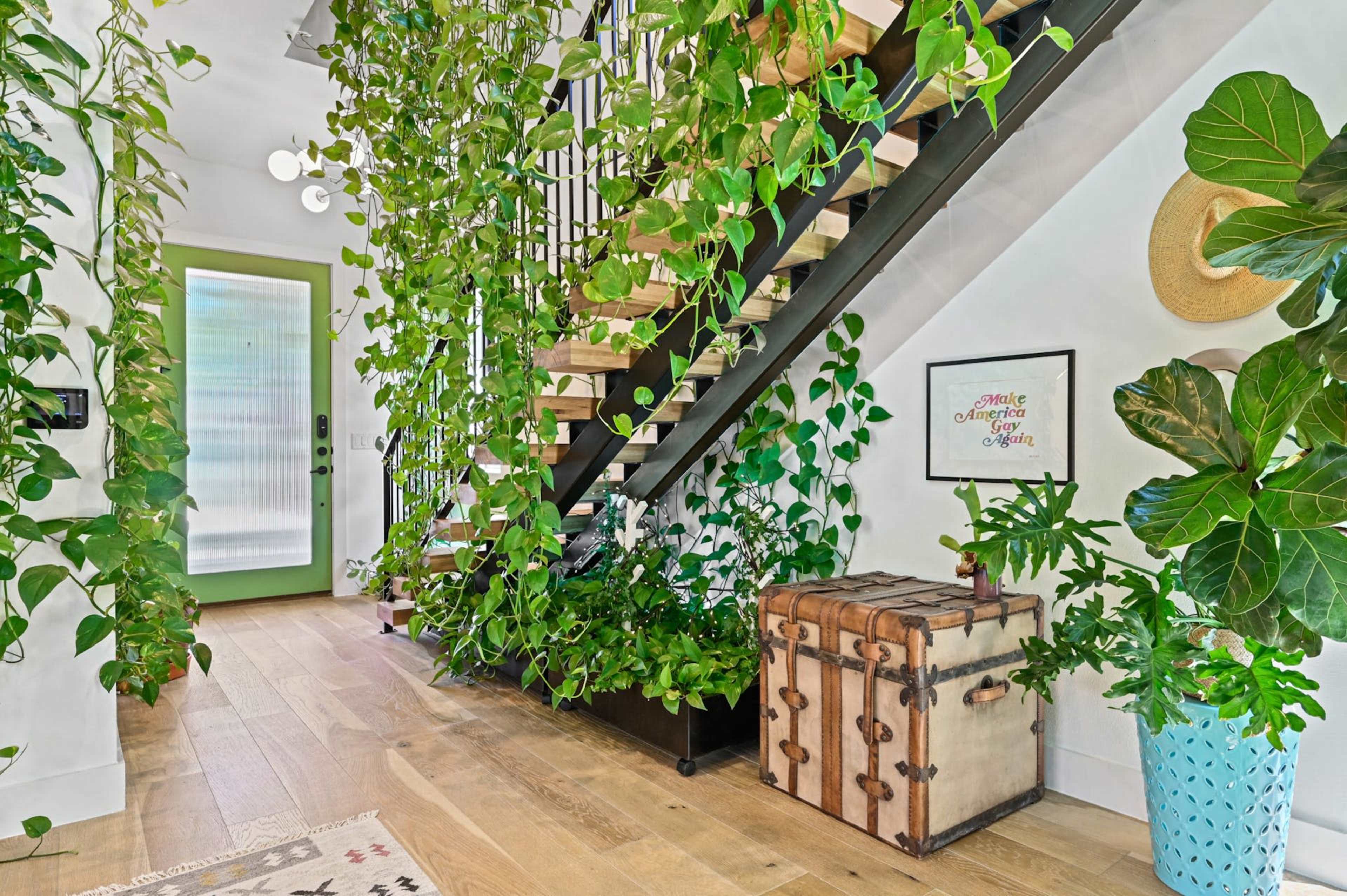 A staircase adorned with cascading green plants leads to a doorway, while a vintage trunk and a potted plant sit on the floor beside it.