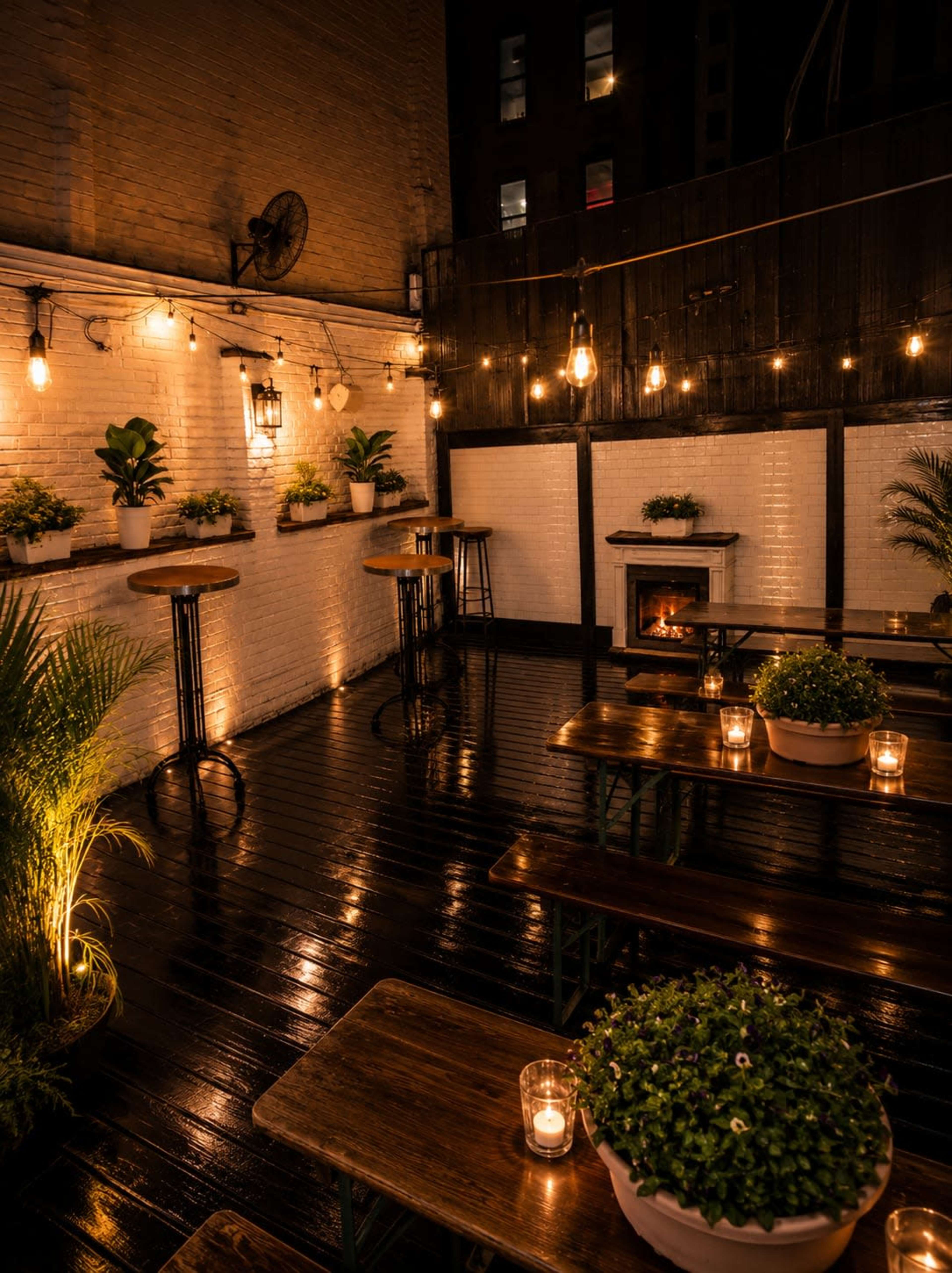 The image shows a dimly lit outdoor seating area of a restaurant featuring wooden tables, greenery in pots, and decorative string lights.