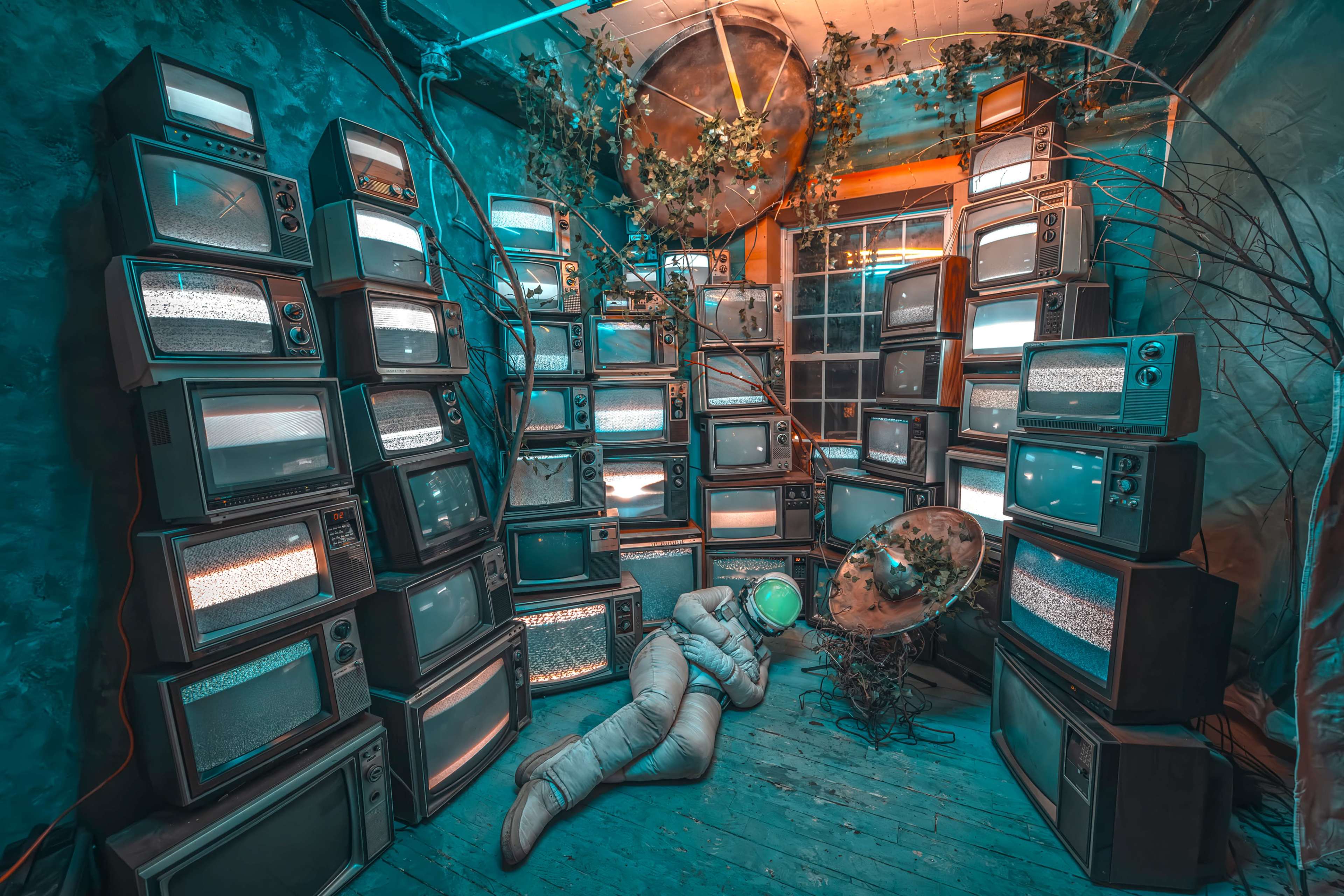 A person in a spacesuit lies on the floor surrounded by stacks of old televisions displaying static in a dimly lit room.