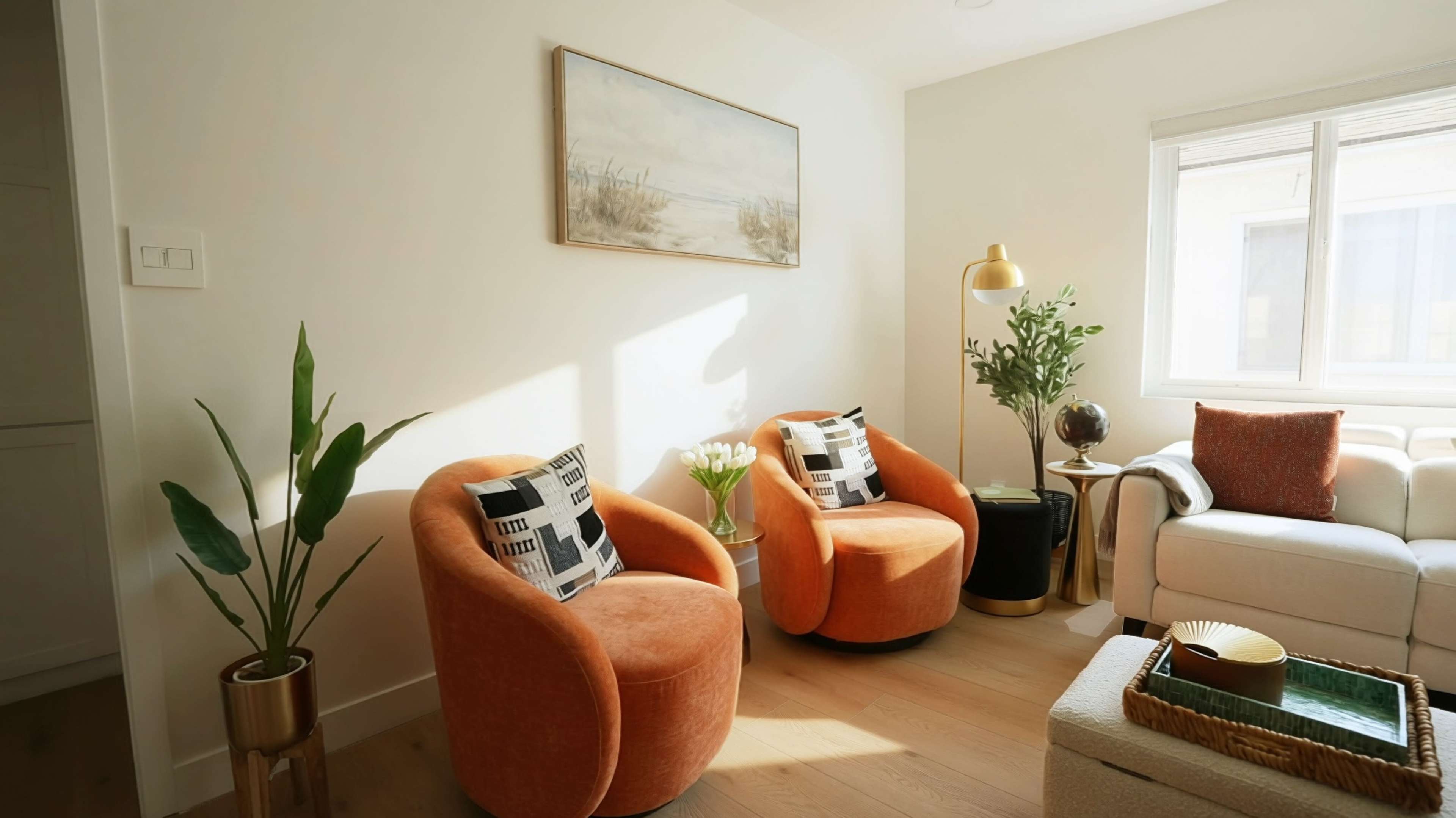 The image shows a well-lit room featuring two orange armchairs, a cream-colored sofa, and a decorative plant beside a window.