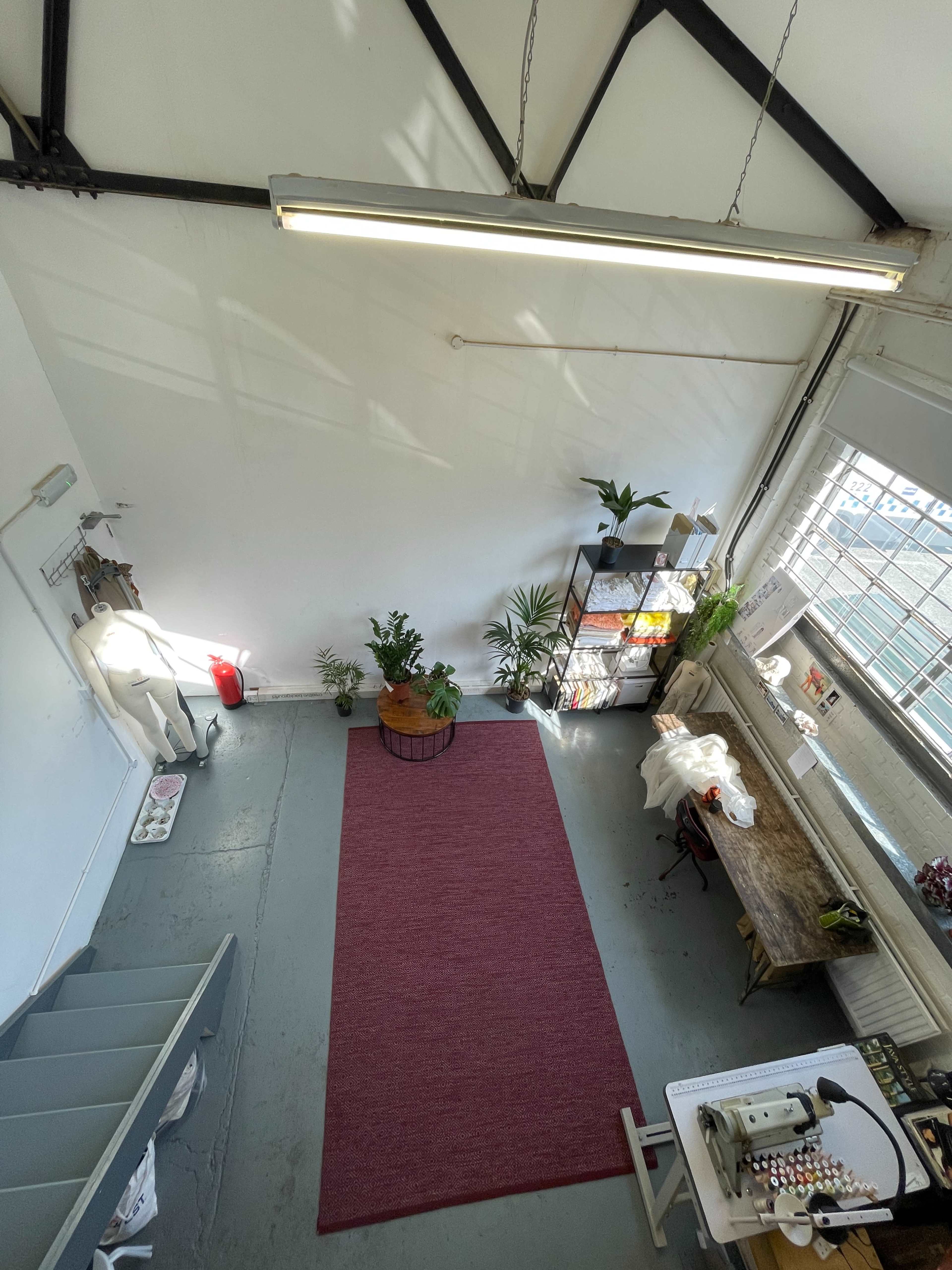 The image shows a spacious studio room with a red rug, plants, and furniture, including a sewing machine and a wooden table, under a skylight.