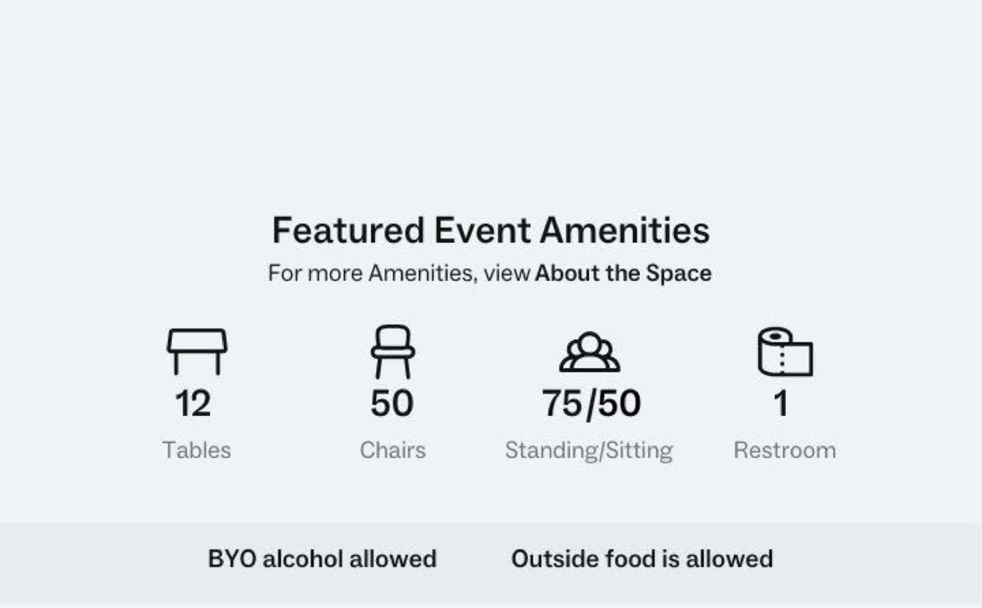 Event amenities including 12 tables, 50 chairs, a capacity for 75 standing or 50 sitting guests, and 1 restroom, with notes that BYO alcohol and outside food are allowed.