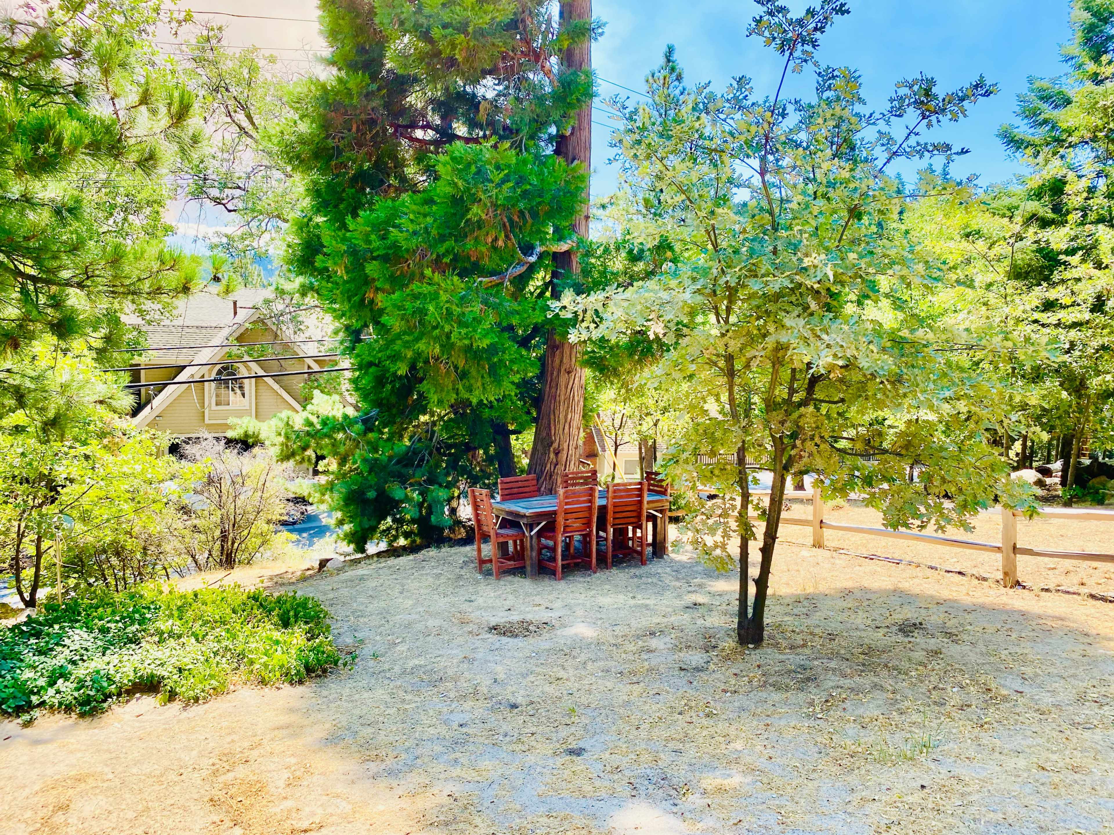 A wooden dining table and chairs are positioned under trees in a shaded outdoor area near a house.