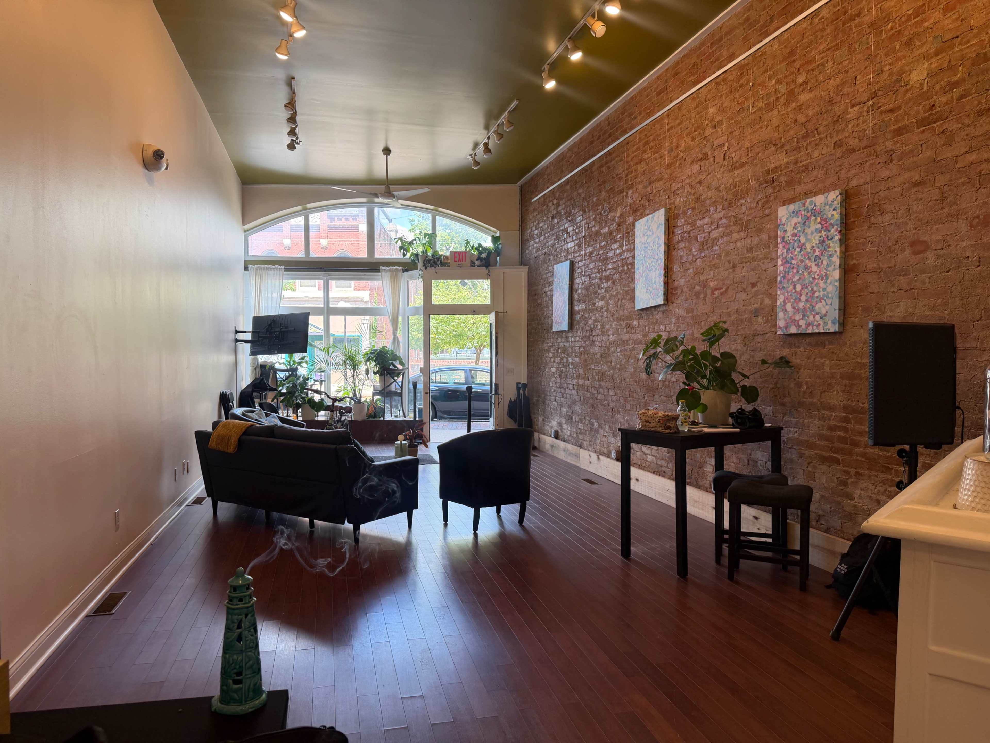 The image shows a spacious, bright room with brick walls, hardwood flooring, and a mix of modern furniture, including a sofa, a small table, and decorative plants near a large window.