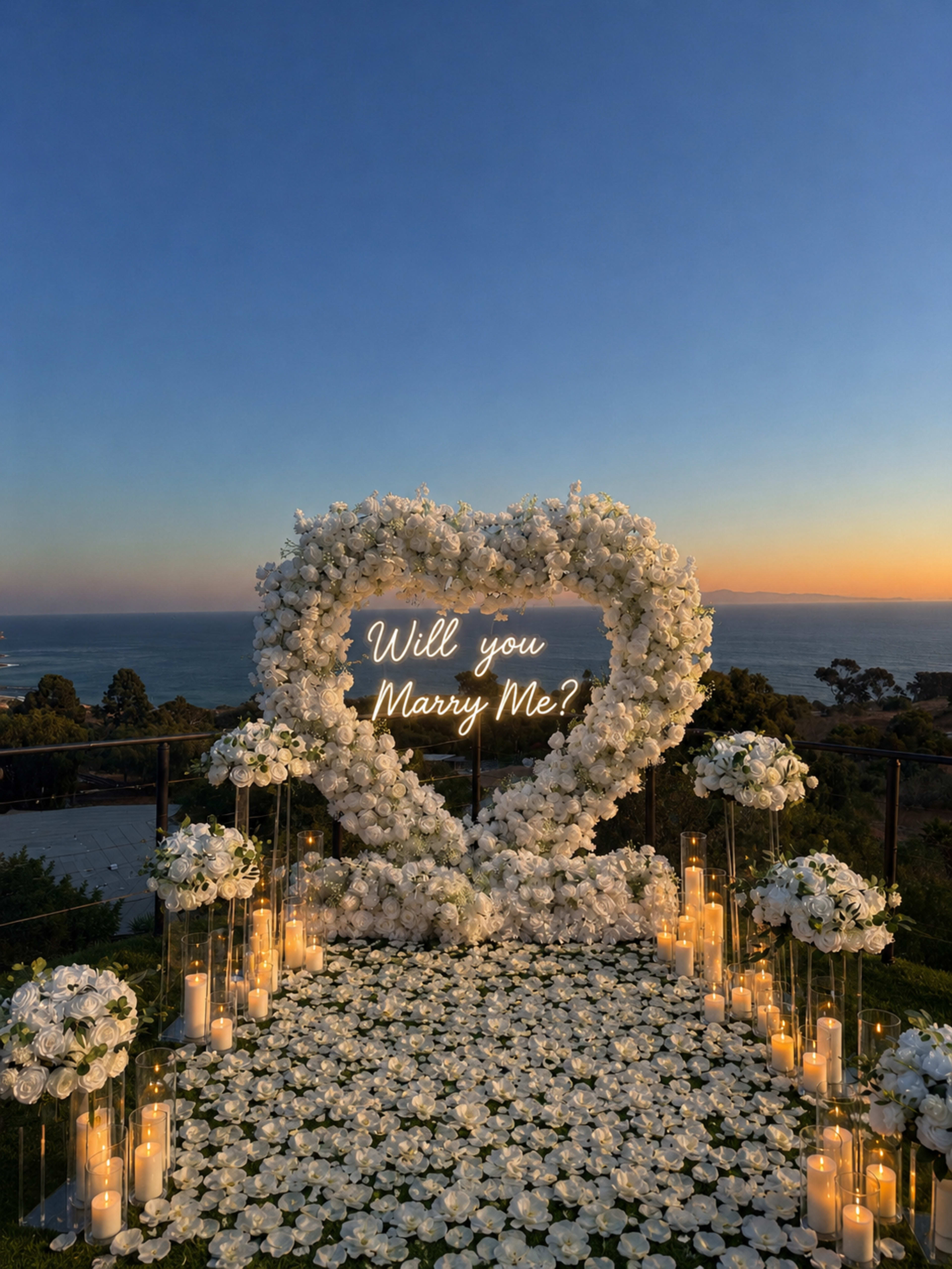 A heart-shaped floral arrangement with a glowing sign reading "Will you Marry Me?" is set up on a scenic overlook during sunset, surrounded by candles and flower petals.