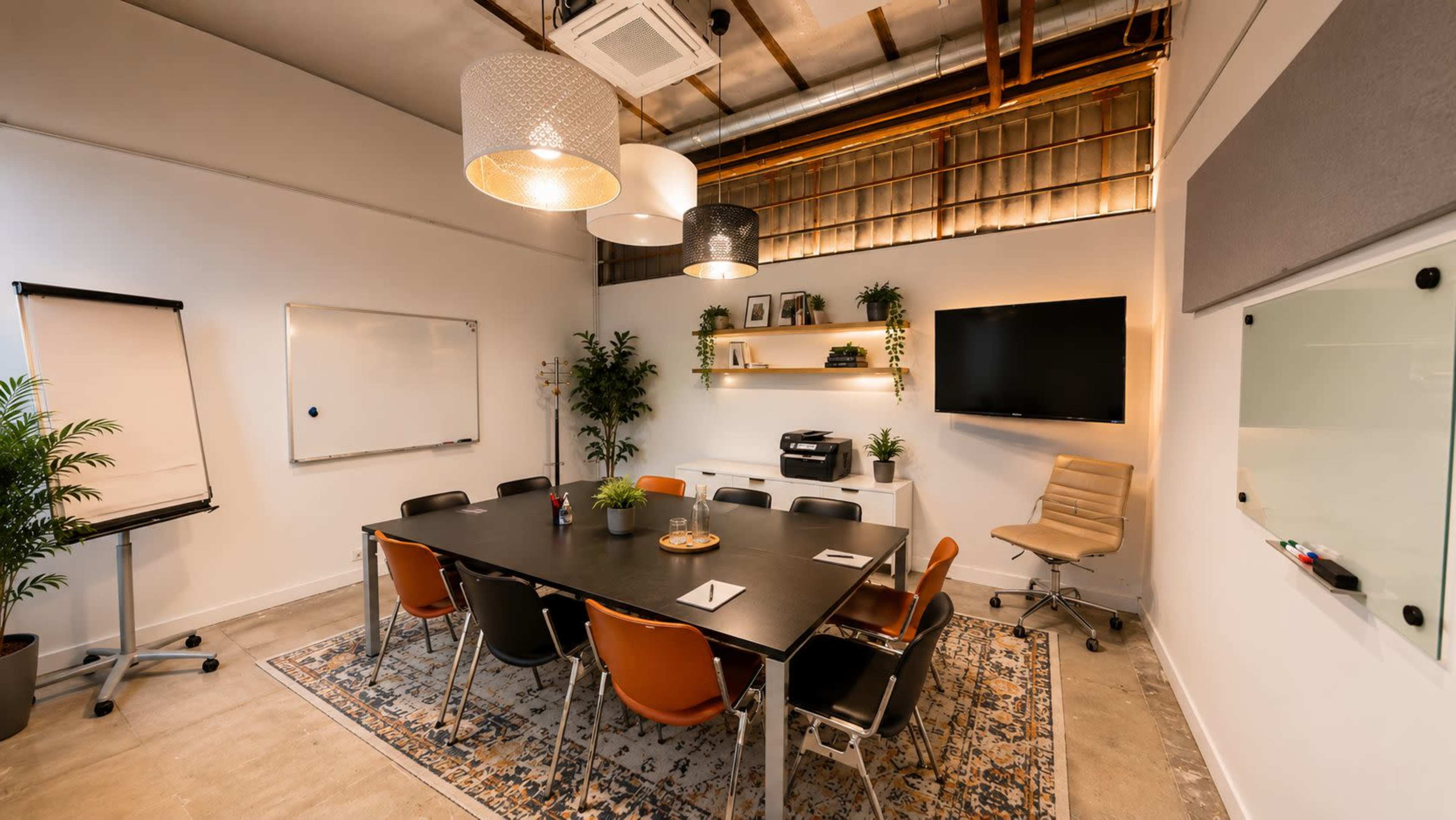 A modern conference room features a large black table surrounded by colorful chairs, a flat-screen TV on the wall, and a whiteboard, complemented by decorative plants and pendant lighting.