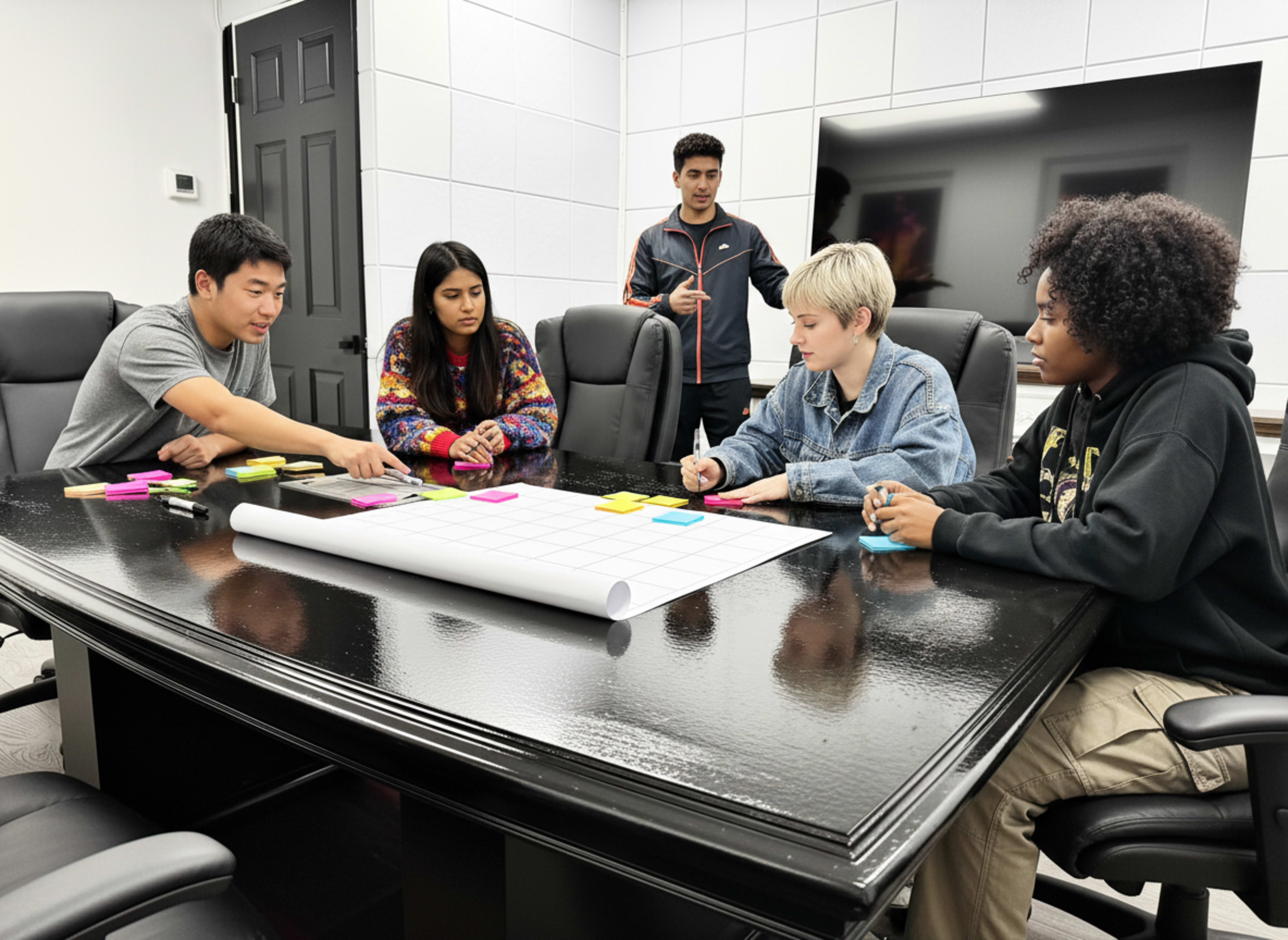 A group of five young people collaborates around a conference table, using colorful sticky notes to organize ideas on a large sheet of paper.