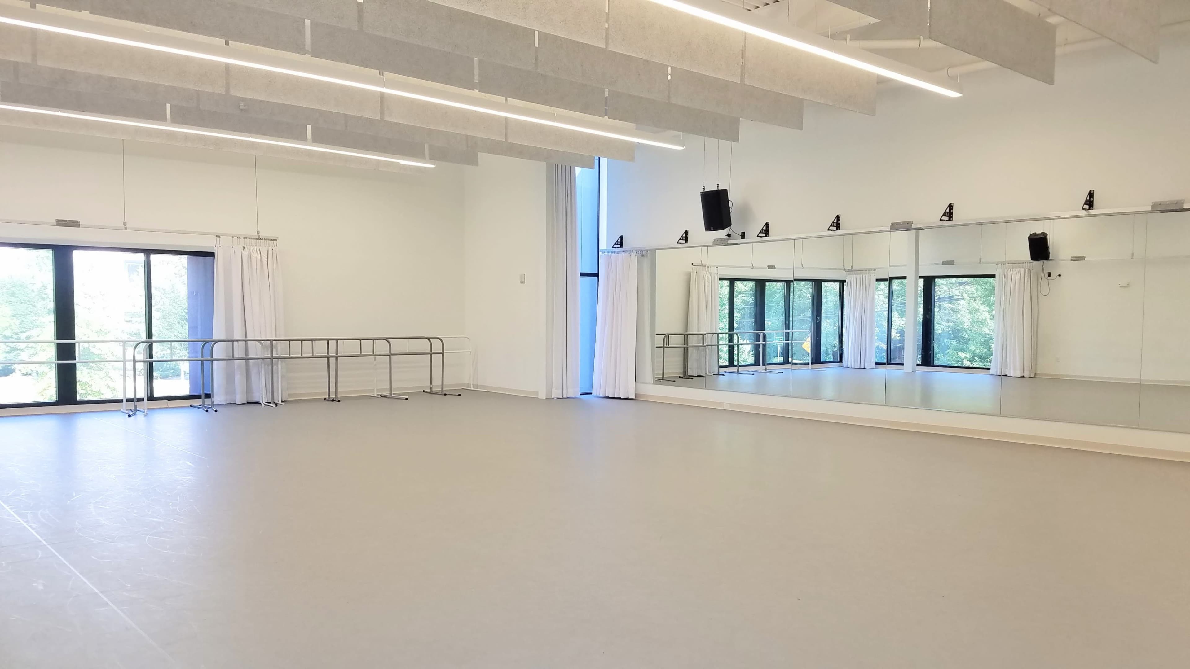 The image shows a spacious dance studio with large mirrors, barre along the walls, and windows that let in natural light.