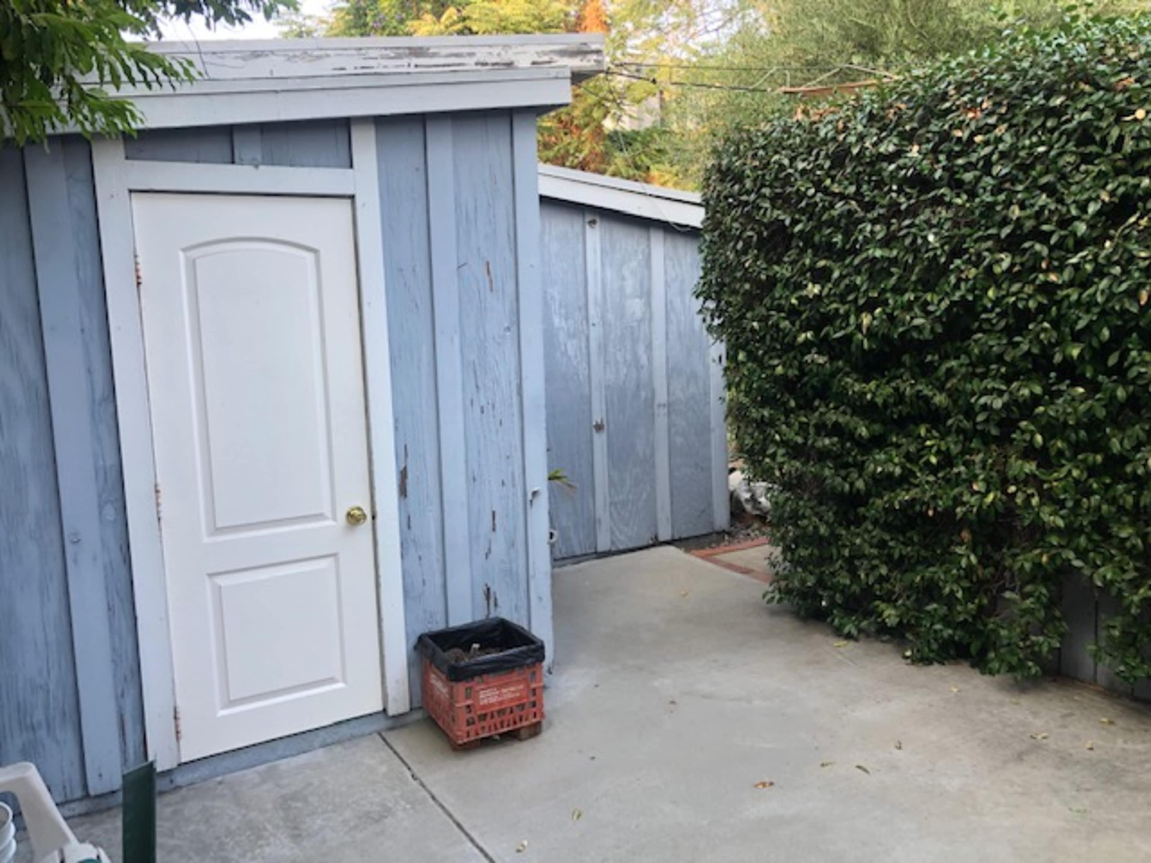 A small outdoor area features a light blue shed with a white door and a hedge along the side.