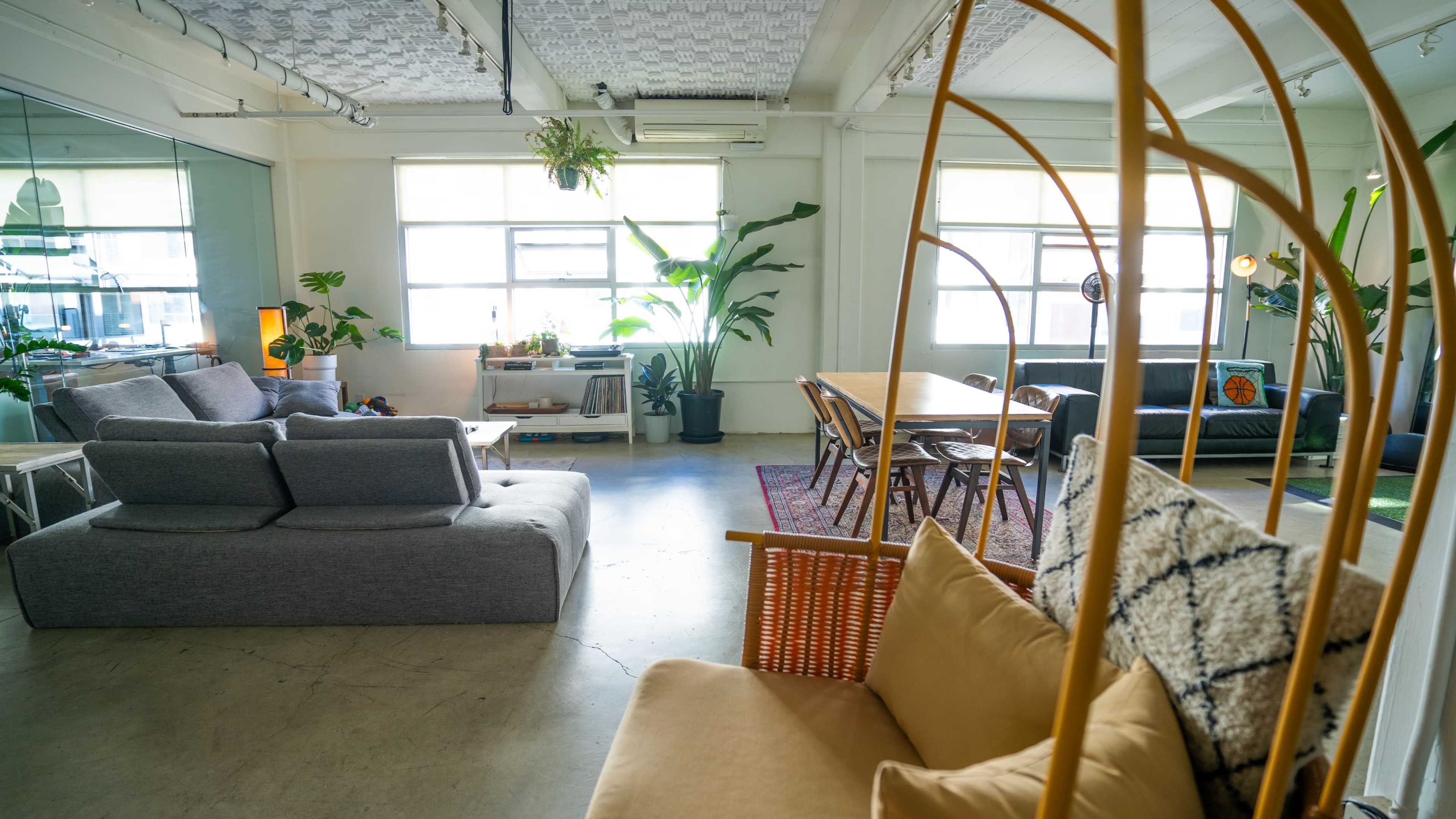 A spacious modern living area with various seating arrangements, large windows, and numerous potted plants.