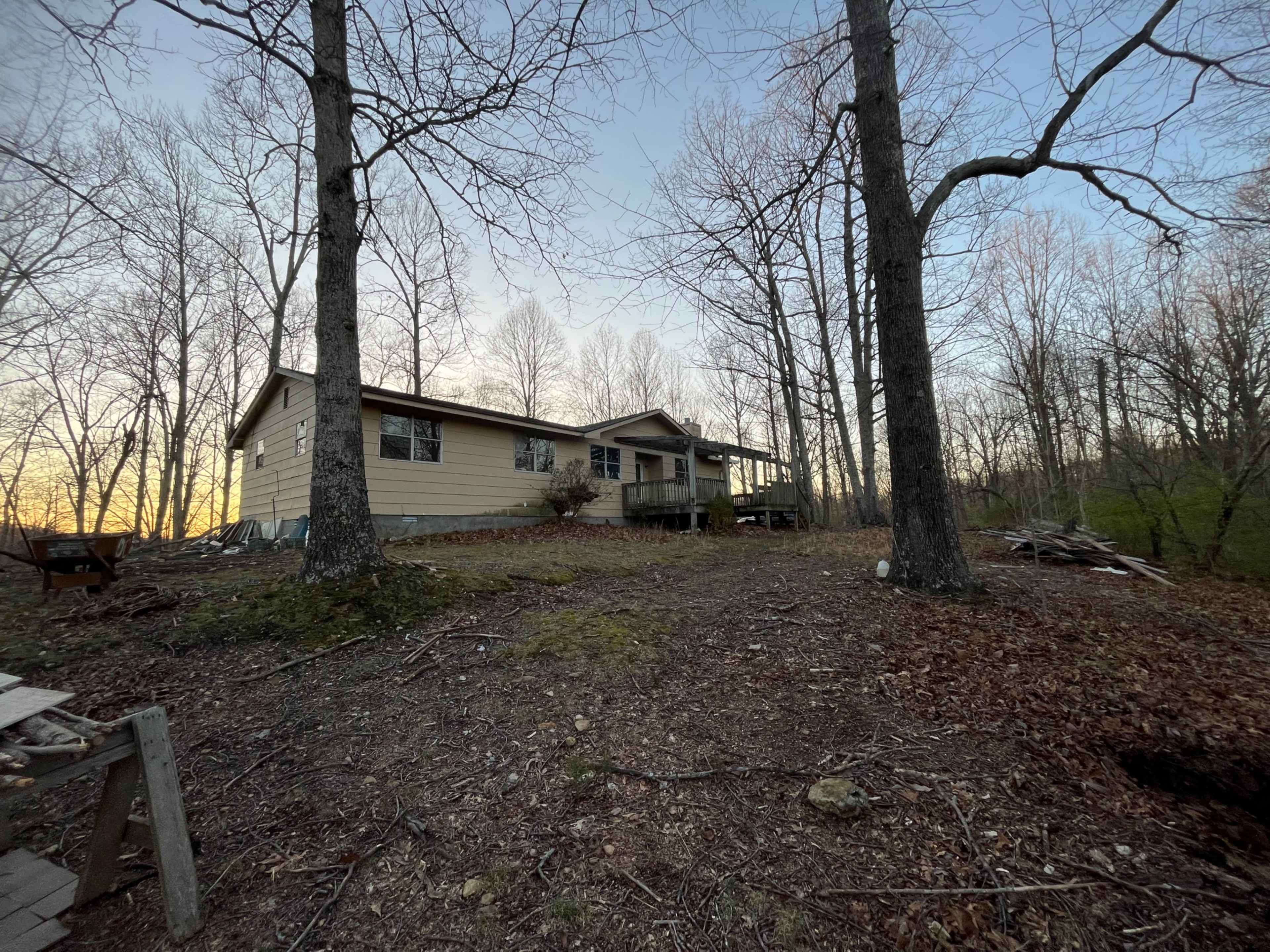 A single-story house sits on a sloped, leaf-covered terrain surrounded by bare trees.