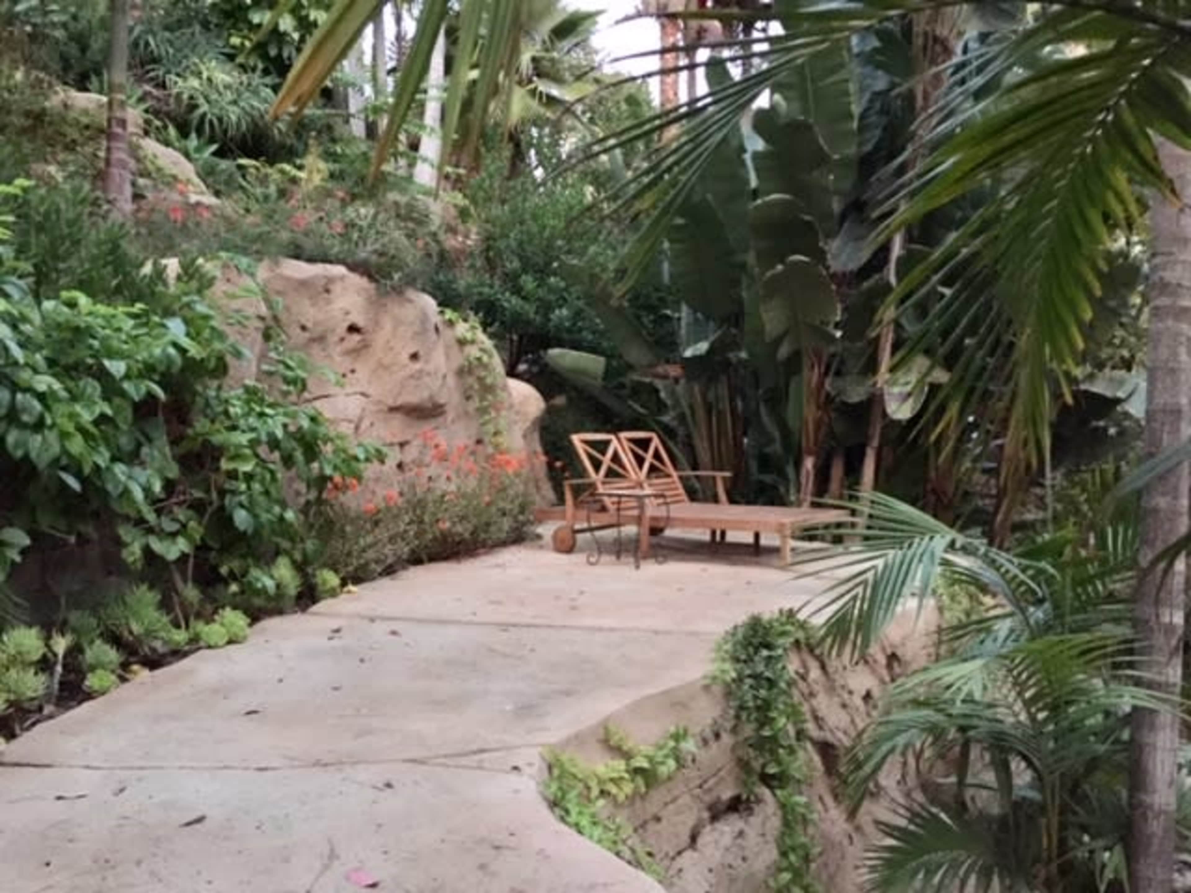 A stone path leads through lush greenery to a wooden lounge chair nestled among tropical plants.