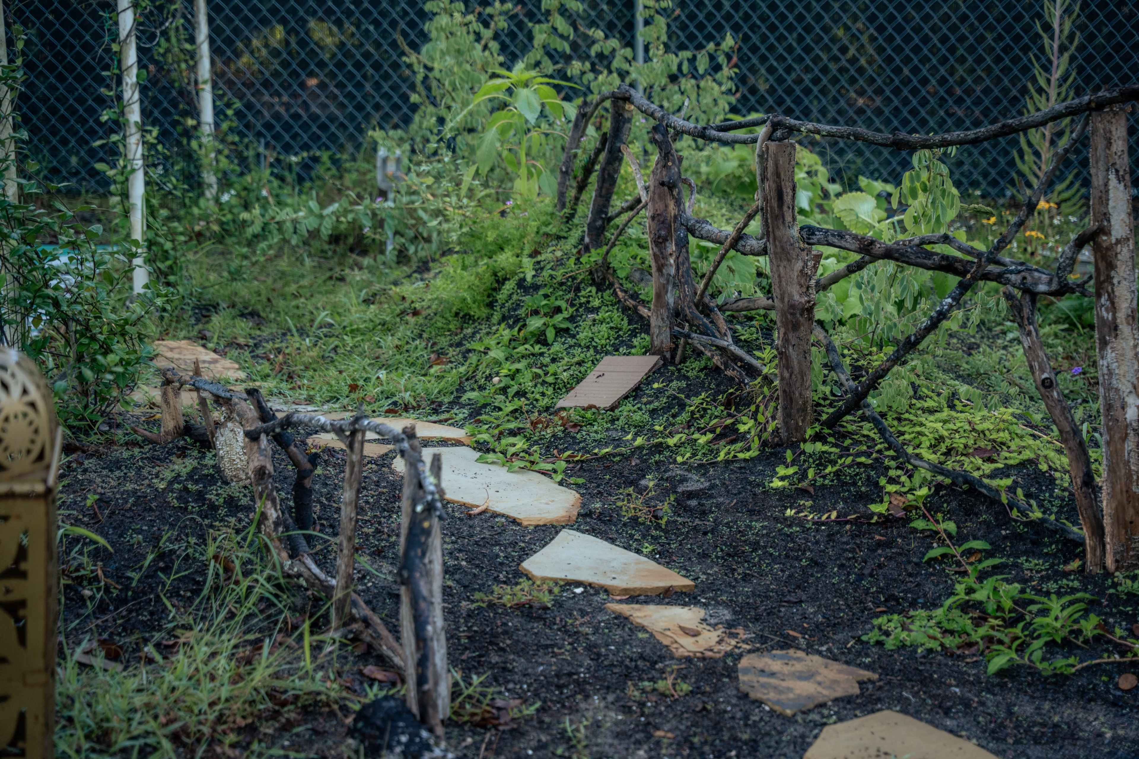 The image shows a garden path made of stone slabs winding through a grassy area surrounded by a rustic wooden fence.