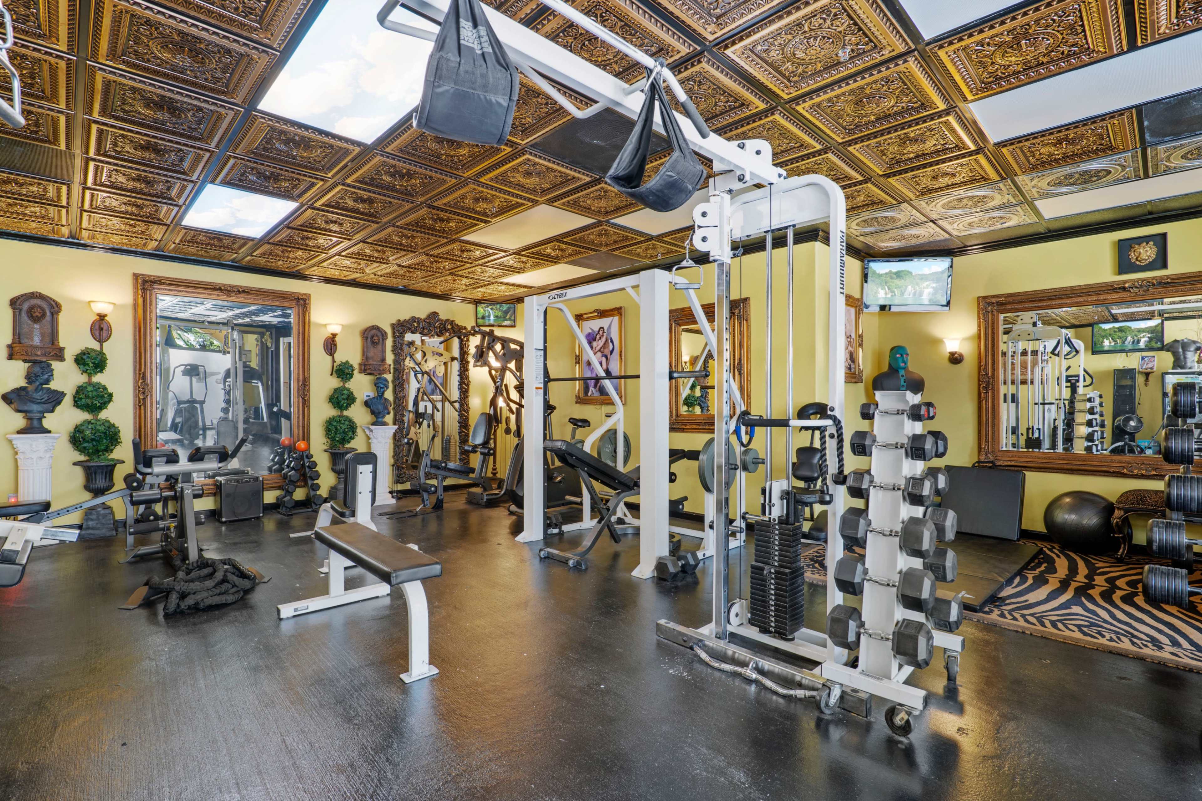 The gym features various weight machines, free weights, and decorative mirrors against a yellow backdrop with an ornate ceiling.