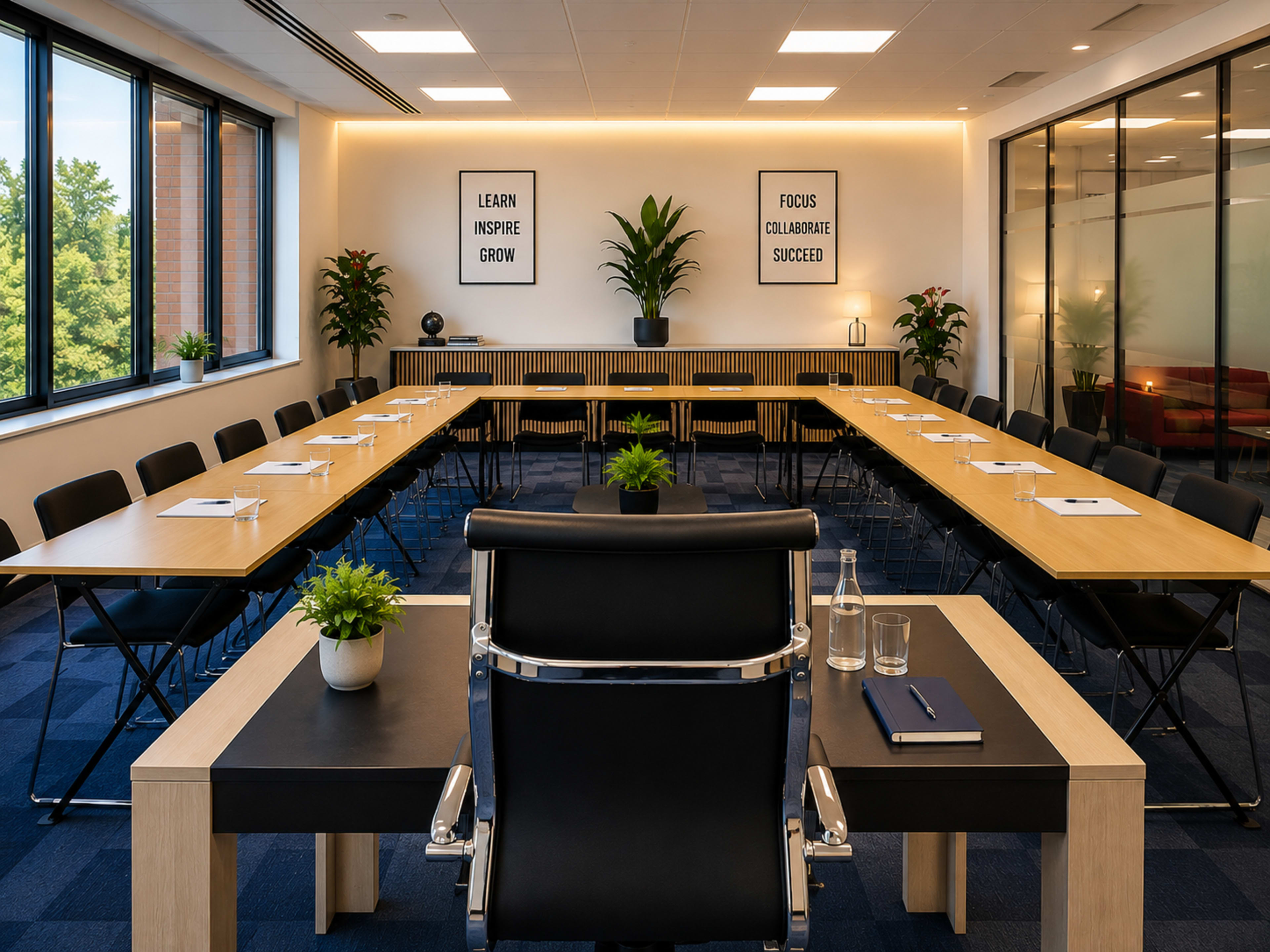 A modern conference room features a large U-shaped table with black chairs, flanked by windows and decorated with motivational posters and plants.
