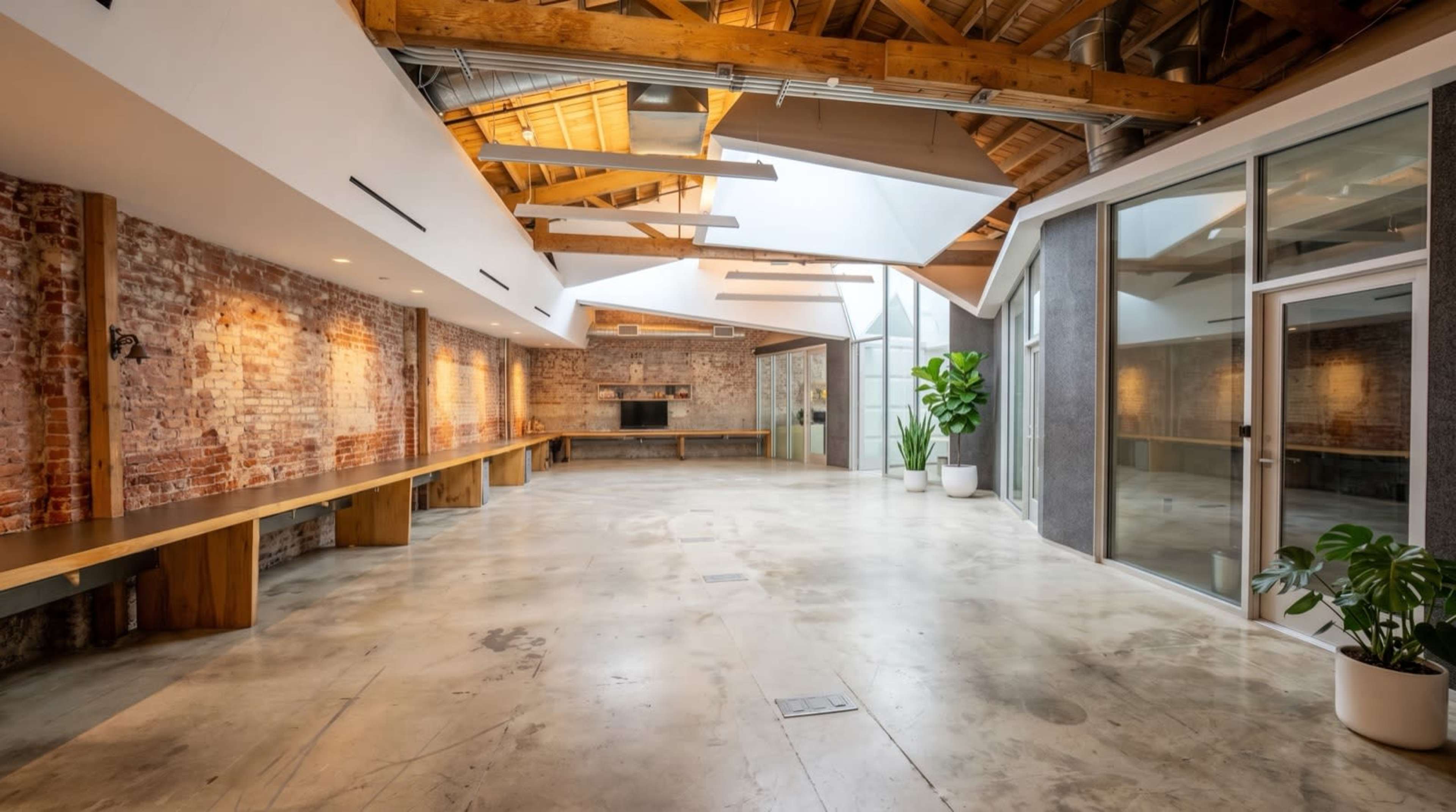 The image shows a spacious interior room with exposed brick walls, wooden beams, and large glass windows, featuring a polished concrete floor and minimal furnishings.