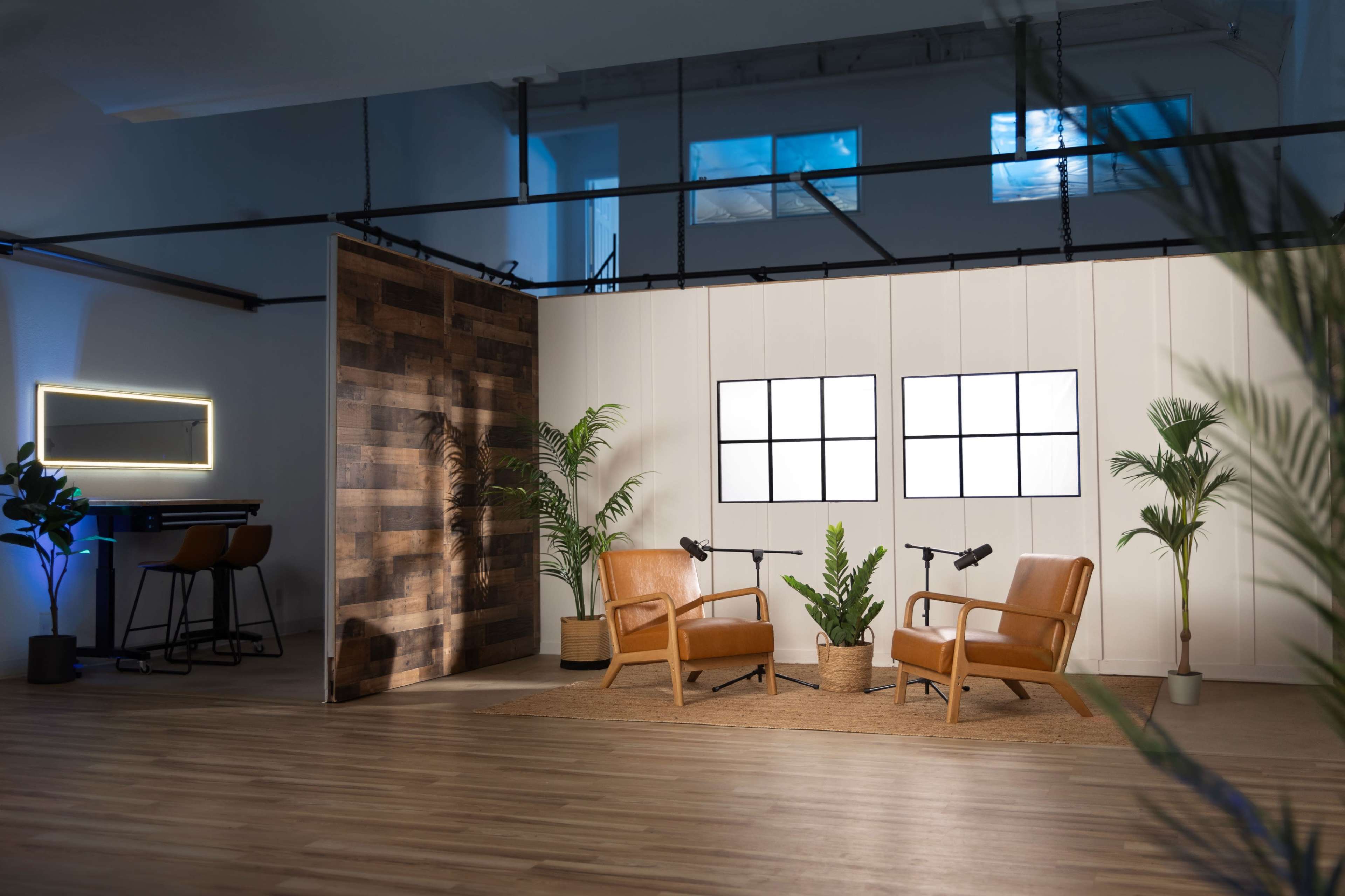 A modern studio setup features two leather chairs, a wooden backdrop, and potted plants, with large windows allowing natural light.
