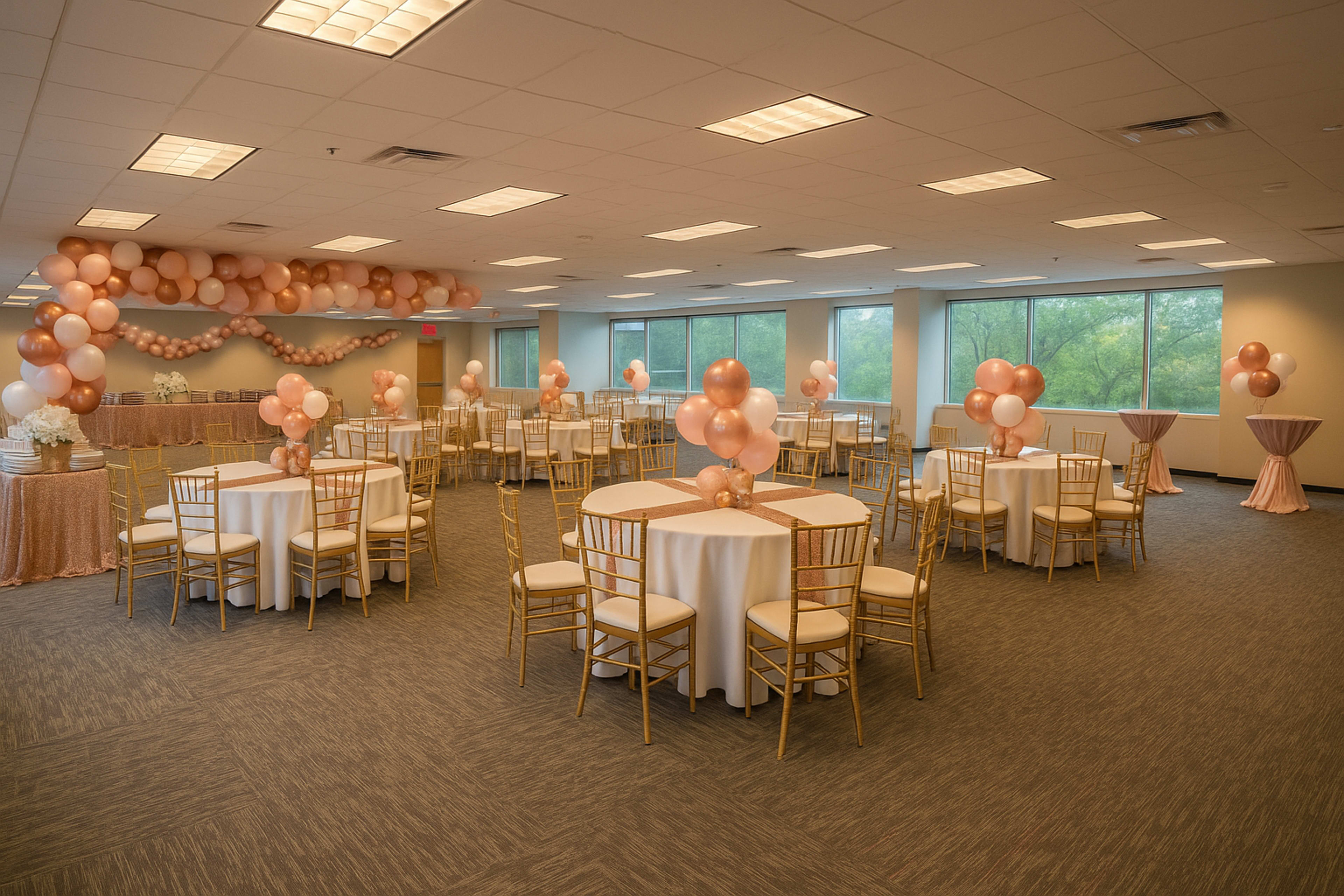 The image shows a spacious event room set up with round tables, gold chairs, and decorative pink balloons arranged around the space.