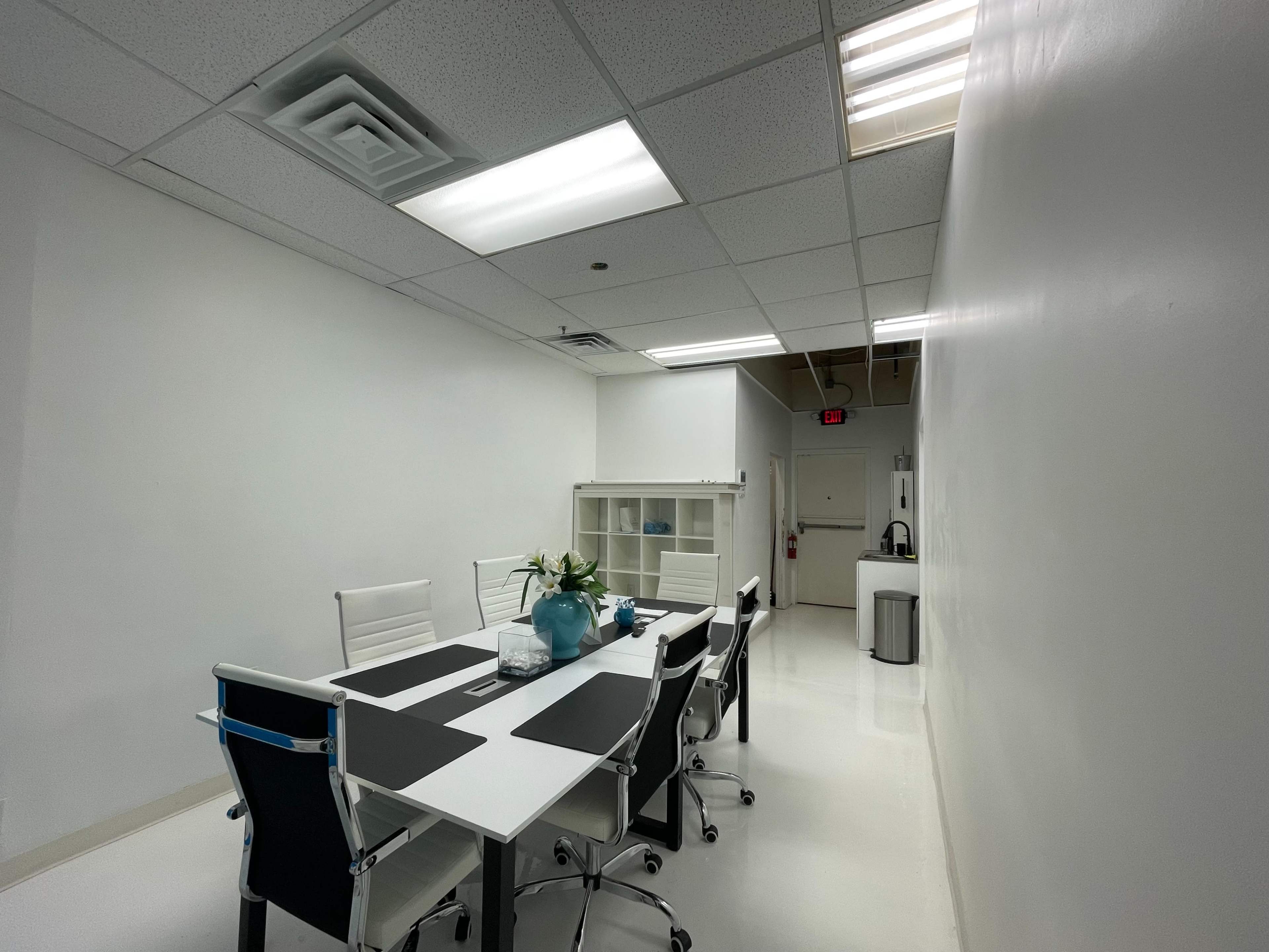 A bright meeting room with a long white table surrounded by six chairs, a plant in a vase, and a cabinet in the background.
