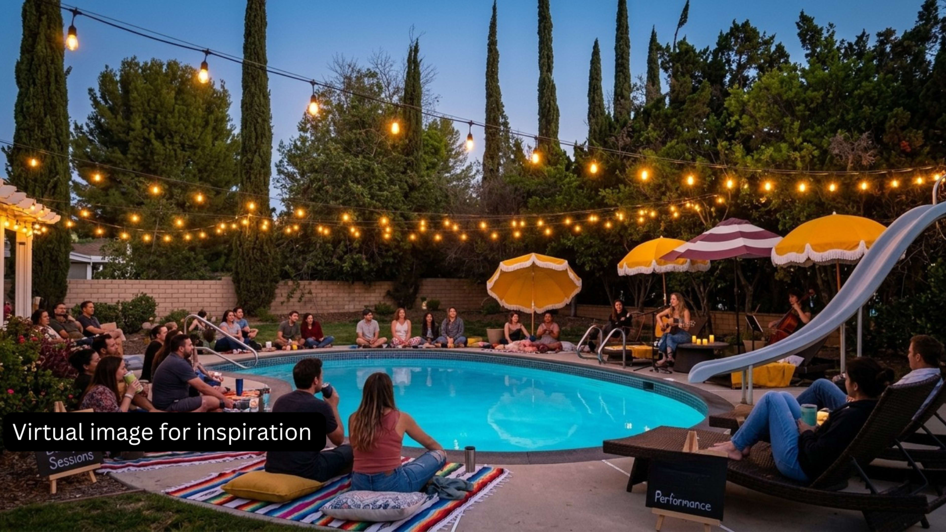 A group of people sit around a pool in a backyard, with string lights overhead and umbrellas nearby, engaged in a performance.