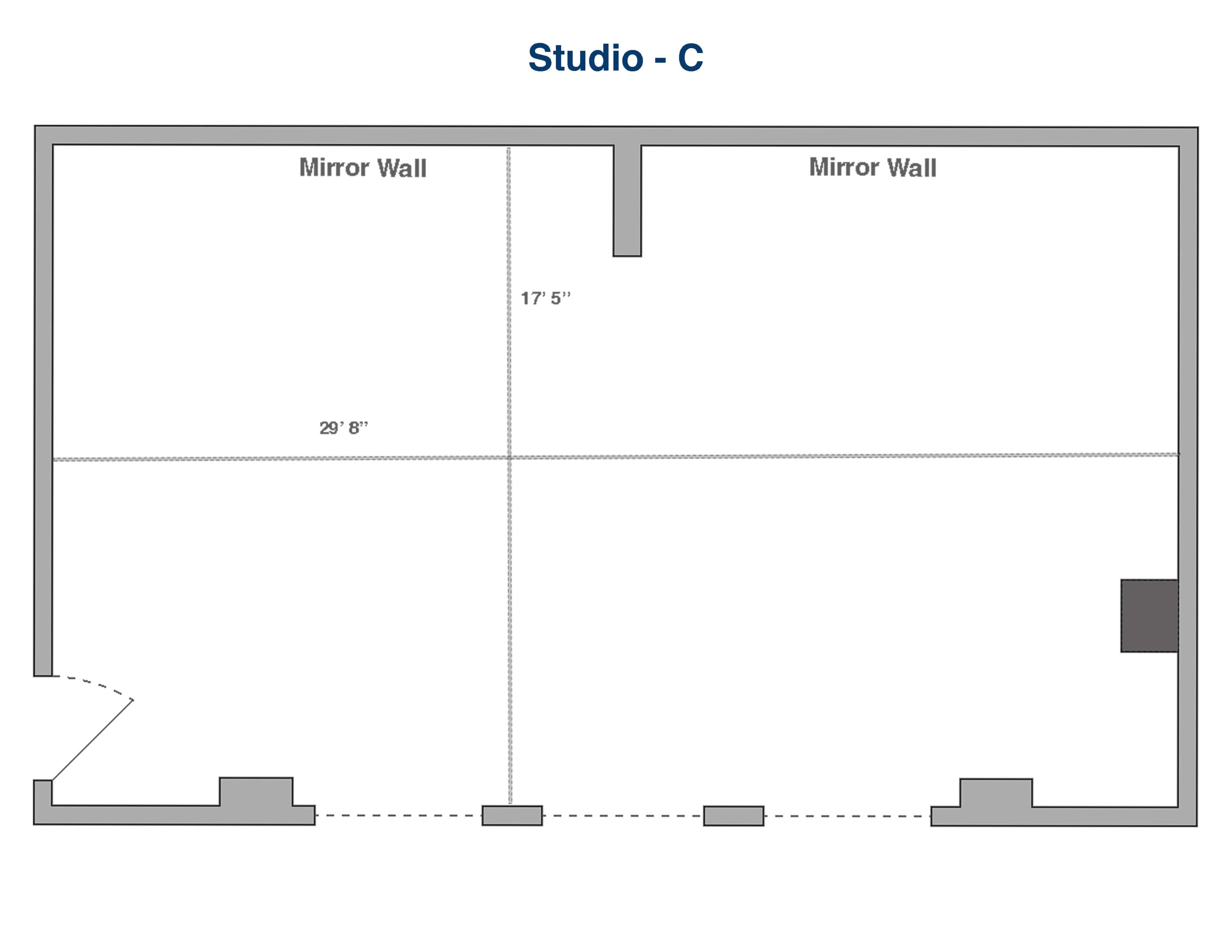 The image displays a floor plan of Studio C, featuring two mirror walls and dimensions indicated as 17 feet 5 inches and 20 feet 8 inches.