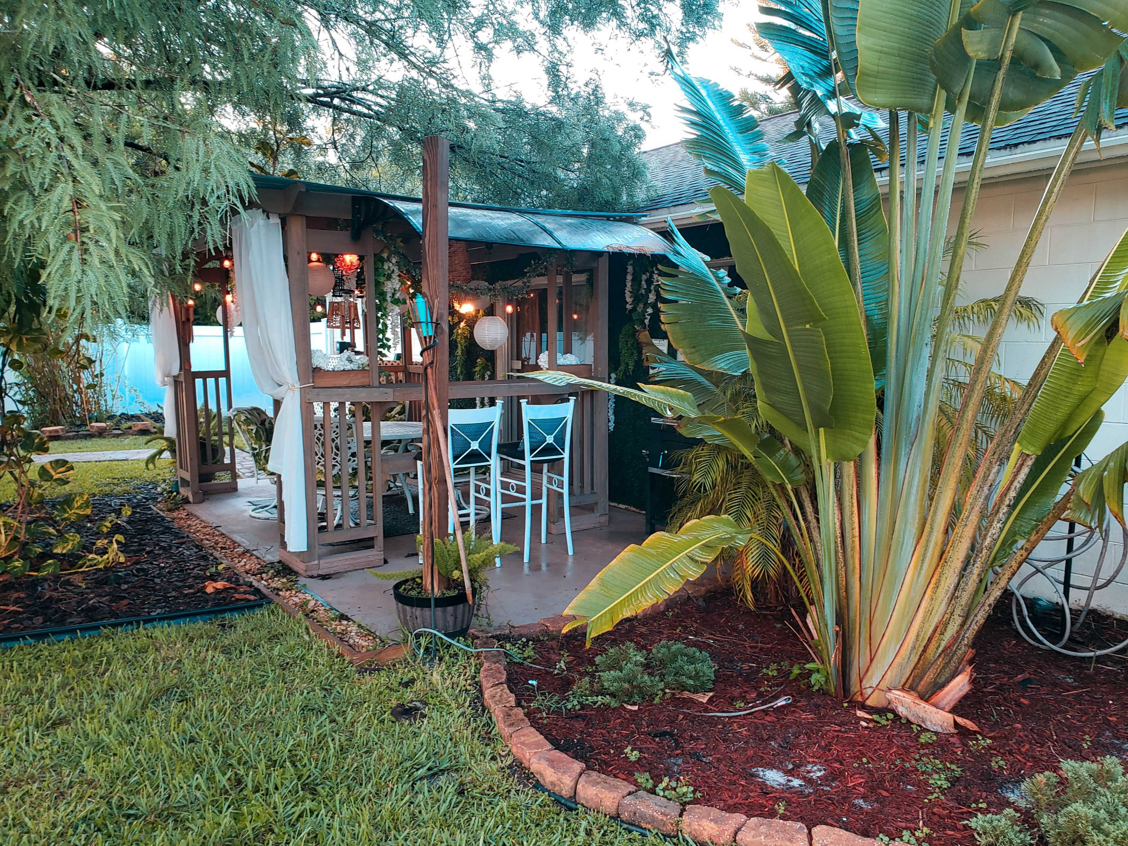 A wooden gazebo with a dining area is surrounded by tropical plants and lush grass in a backyard setting.