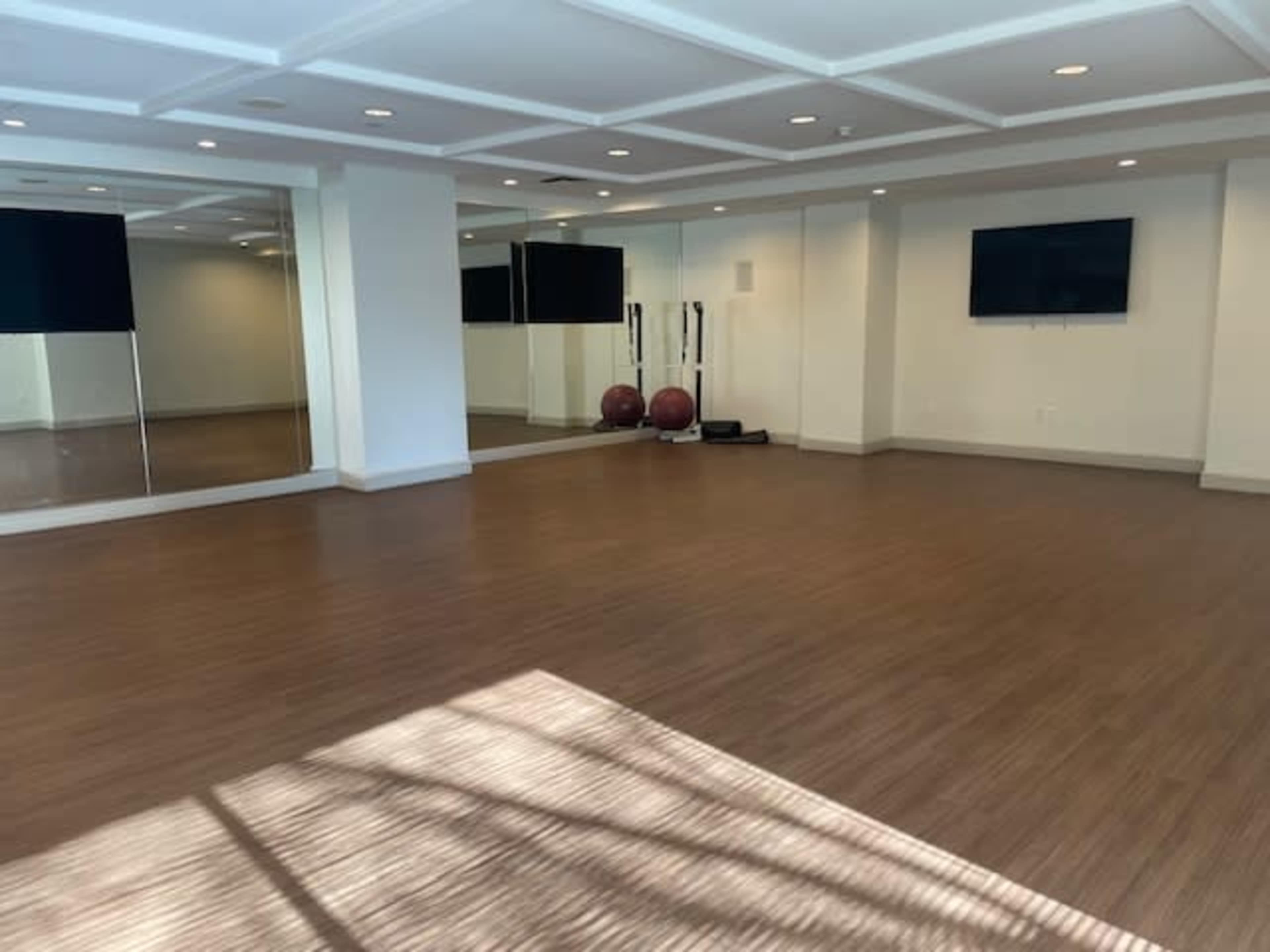The image depicts a spacious exercise room with mirrored walls, wooden flooring, and two exercise balls positioned near a wall-mounted television.