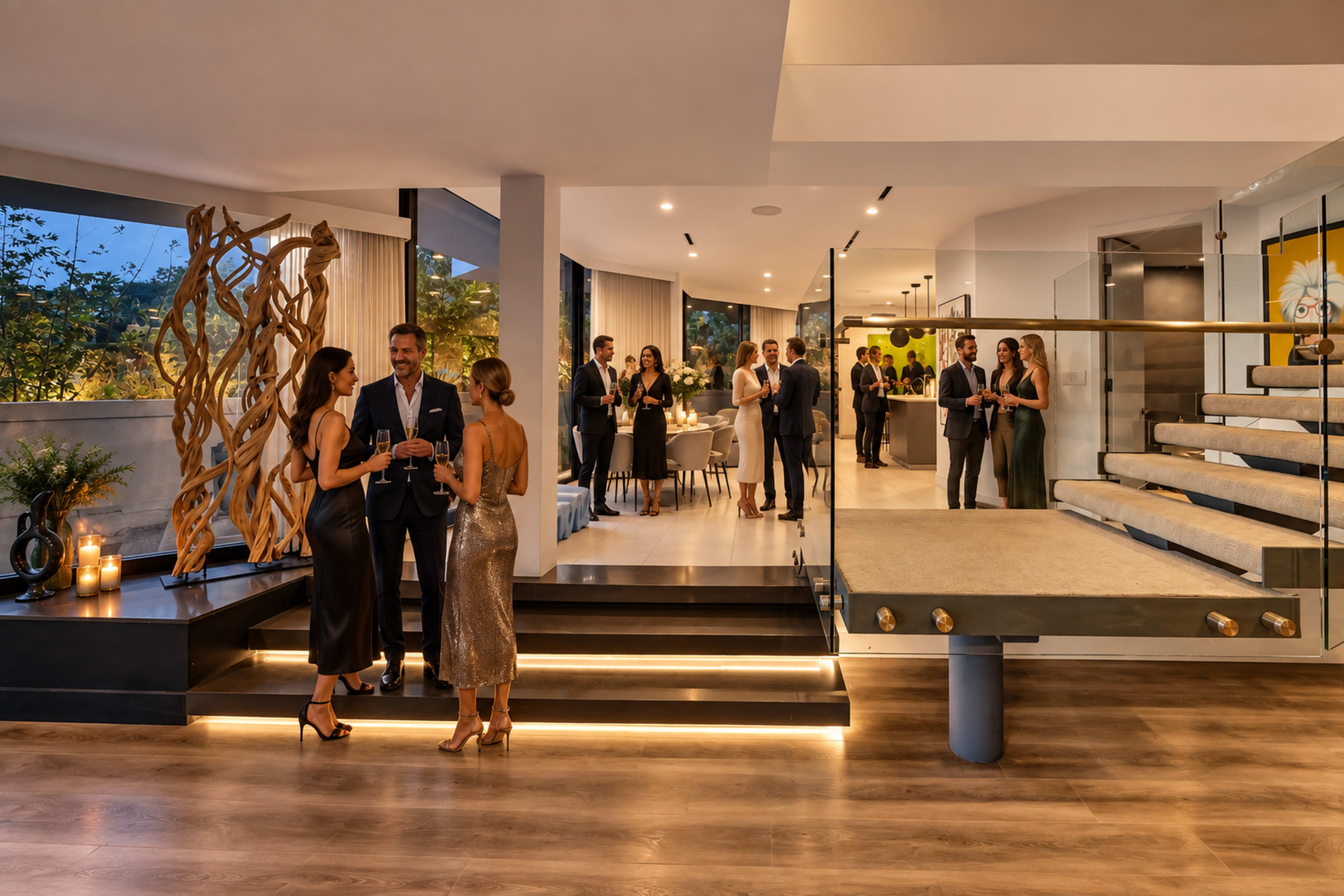 A modern, upscale interior features guests socializing at a stylish event, with elegant furnishings and decor, illuminated by soft lighting.