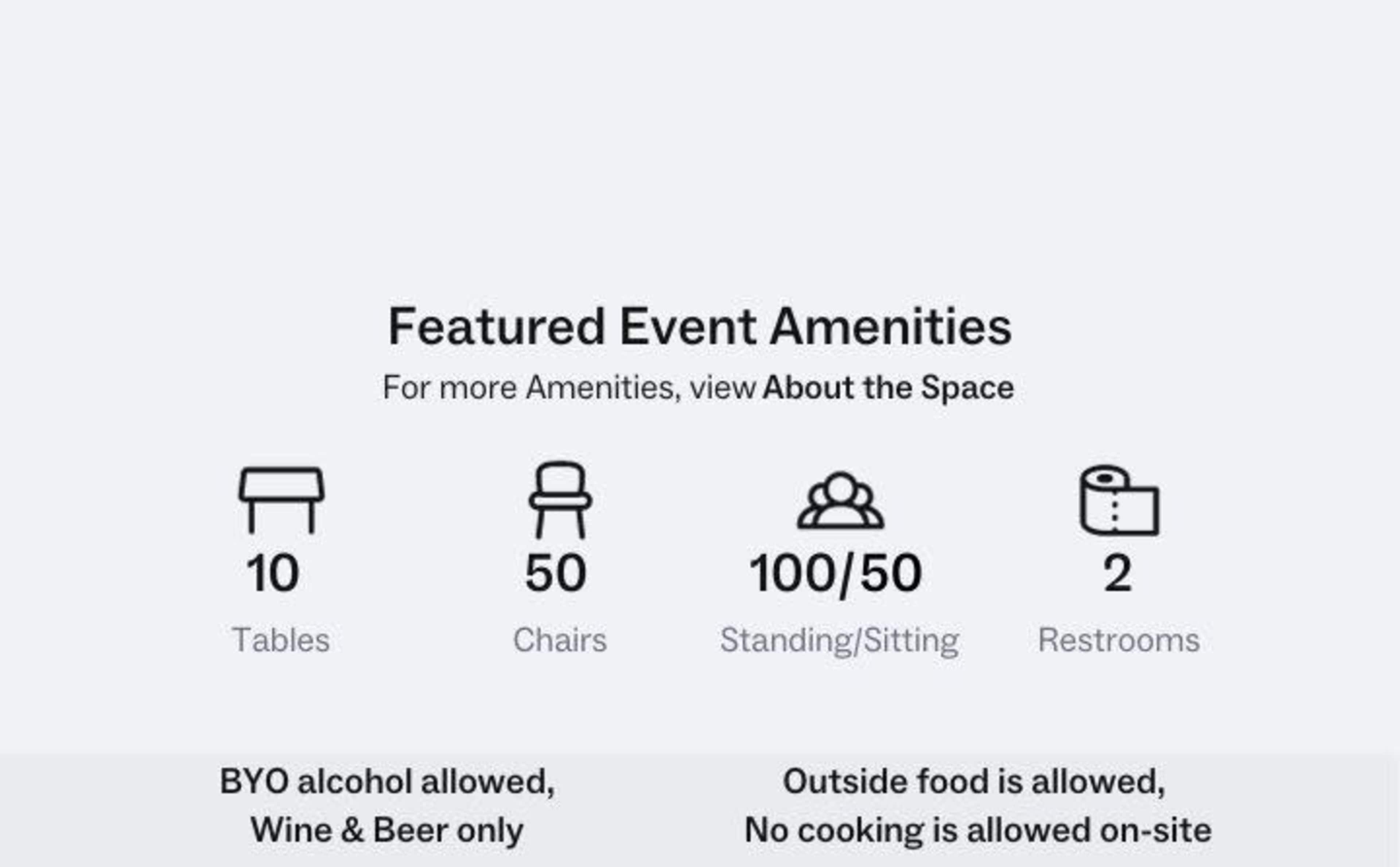 A list of featured event amenities, including the number of tables, chairs, standing capacity, and restrooms available.