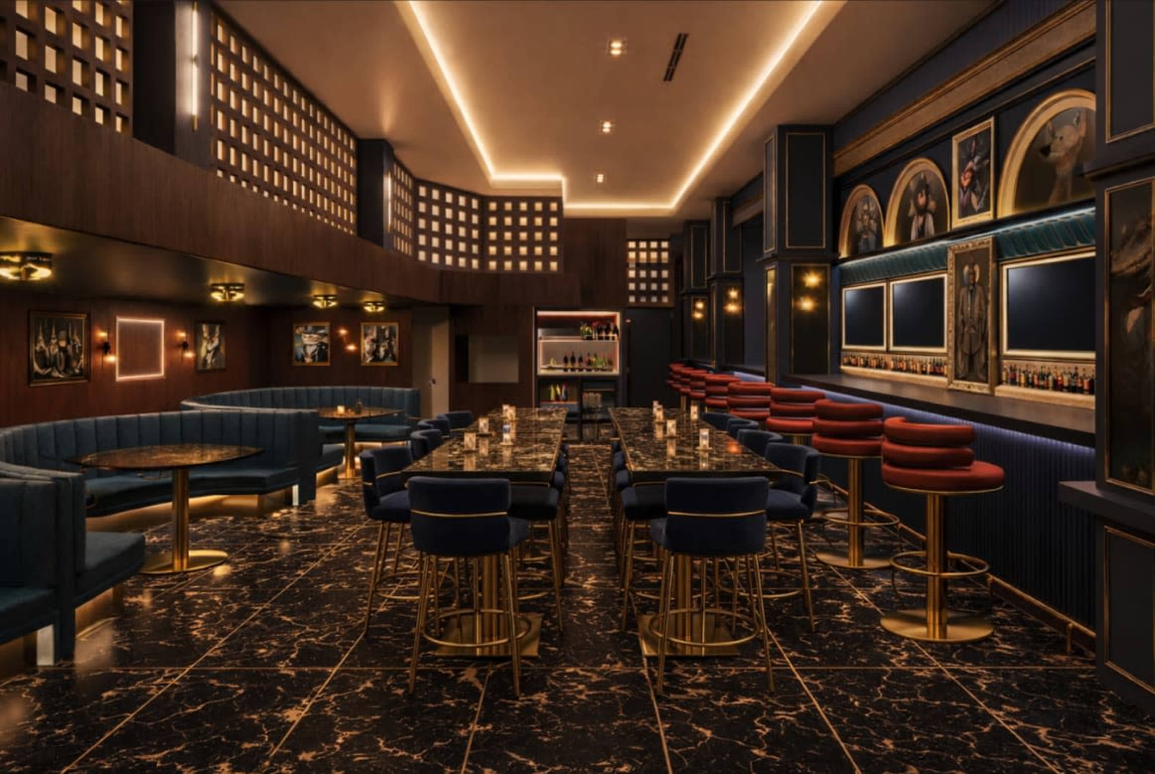 The image shows a stylish bar interior with dark marble flooring, bright lighting, and a mix of high tables and seating arrangements.