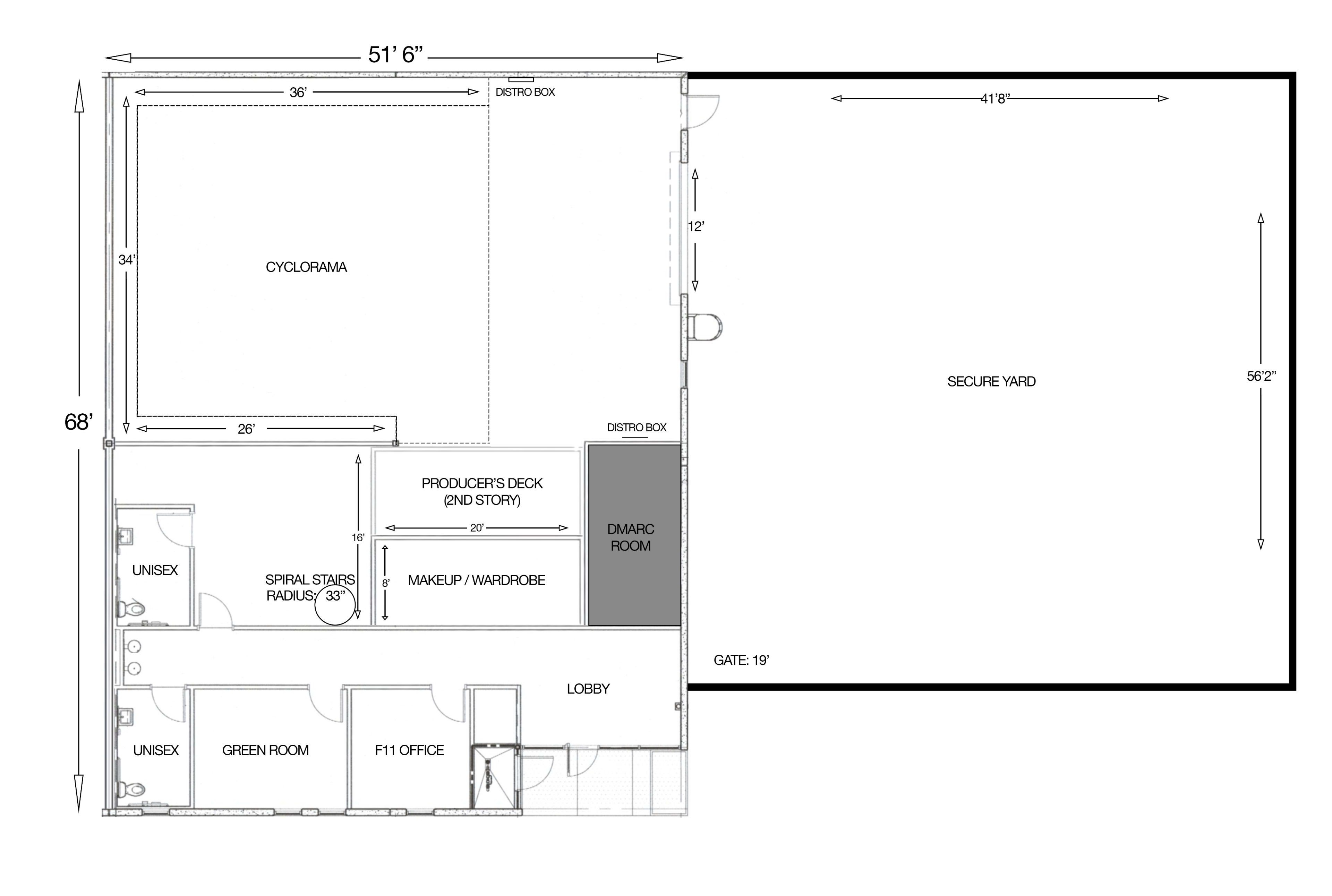 The image shows a floor plan of a facility with labeled areas including a cyclorama, producer’s deck, makeup/wardrobe room, and offices, along with exterior dimensions.