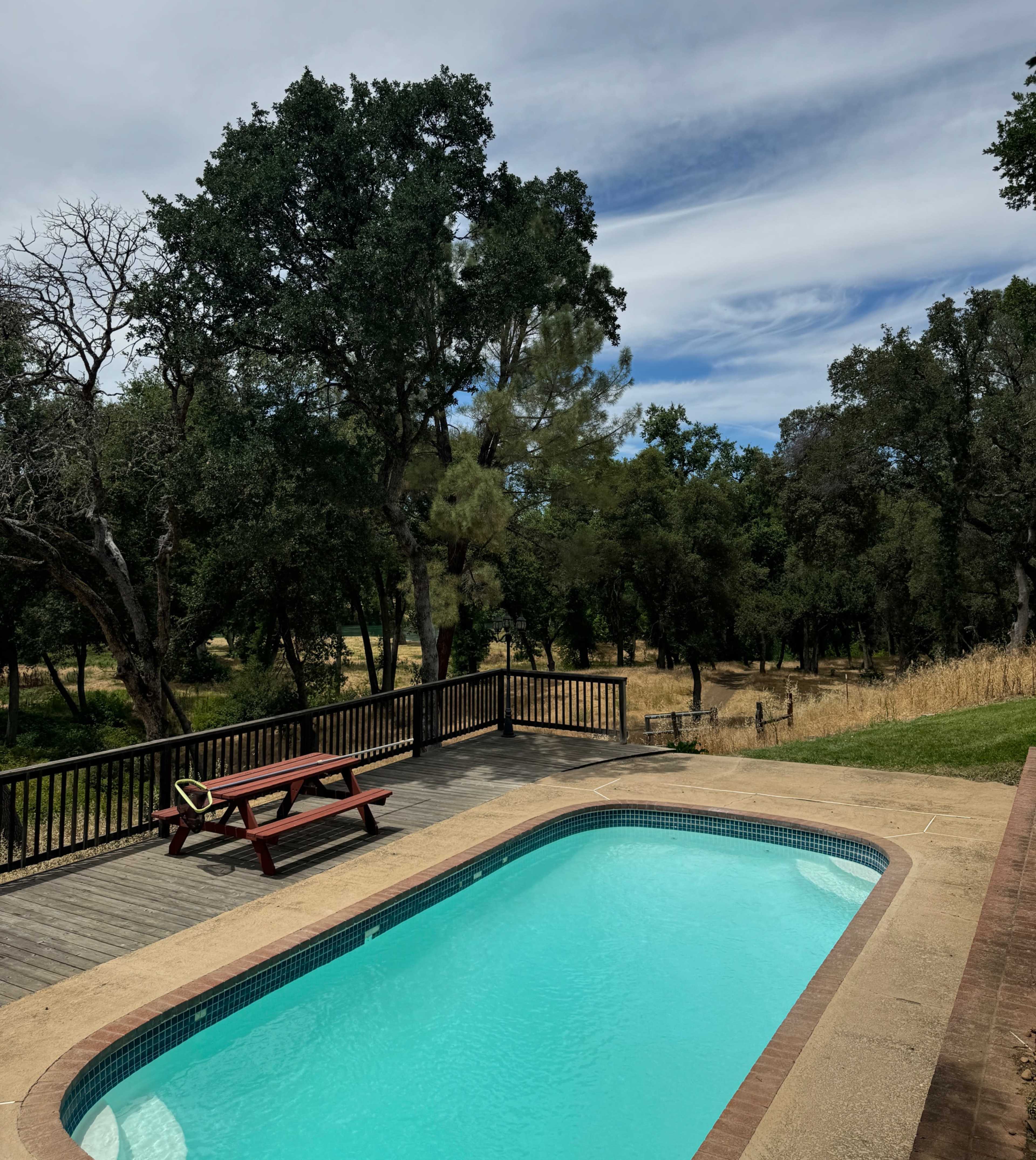 A rectangular swimming pool is surrounded by a wooden deck and overlooks a grassy area with trees and a cloudy sky.