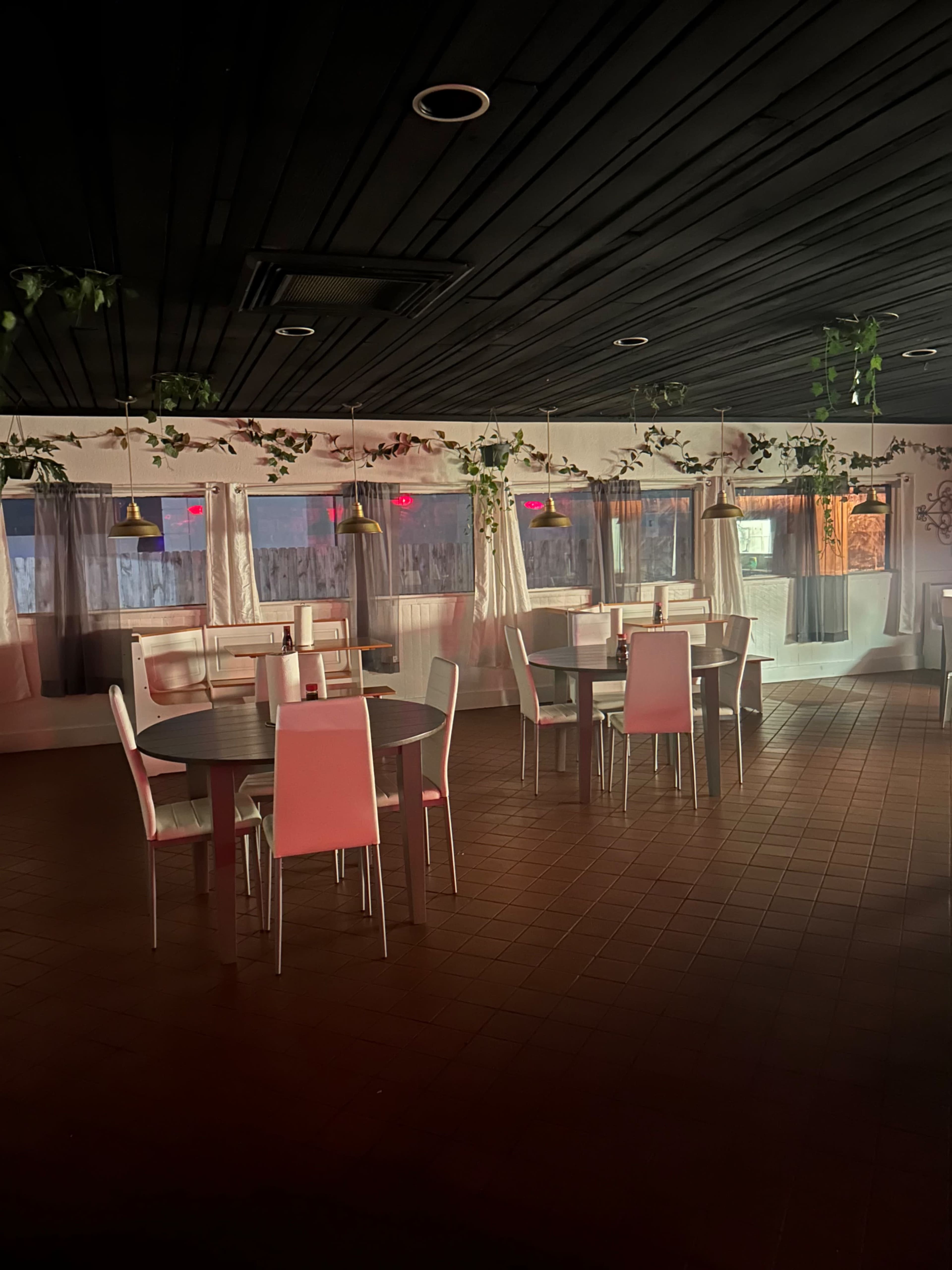 A dimly lit restaurant with several tables and chairs, along with green vines and lamps hanging from the ceiling.