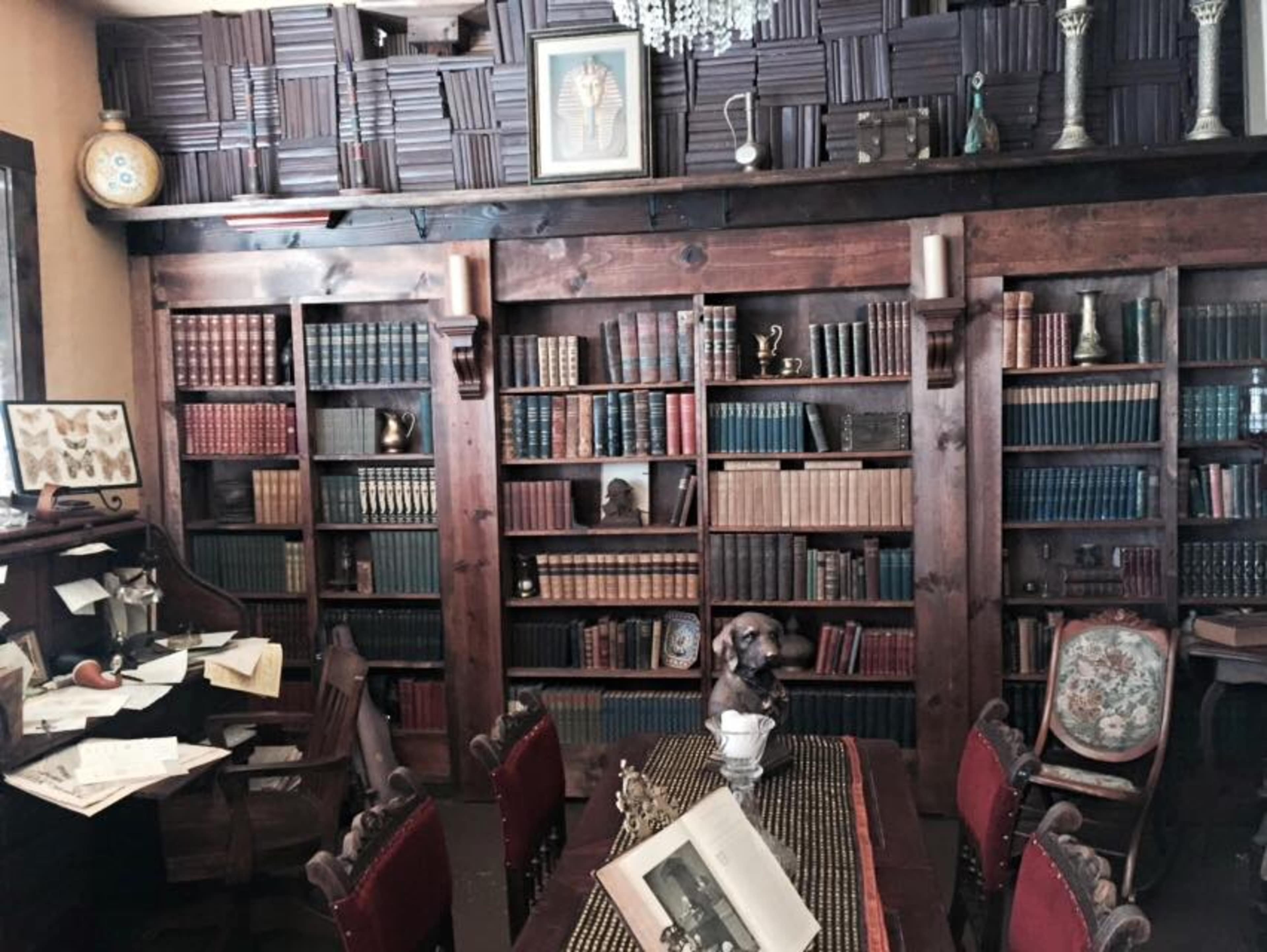 A cozy library with wooden bookshelves filled with books, an antique table with chairs, and a dog sitting next to decorative items.
