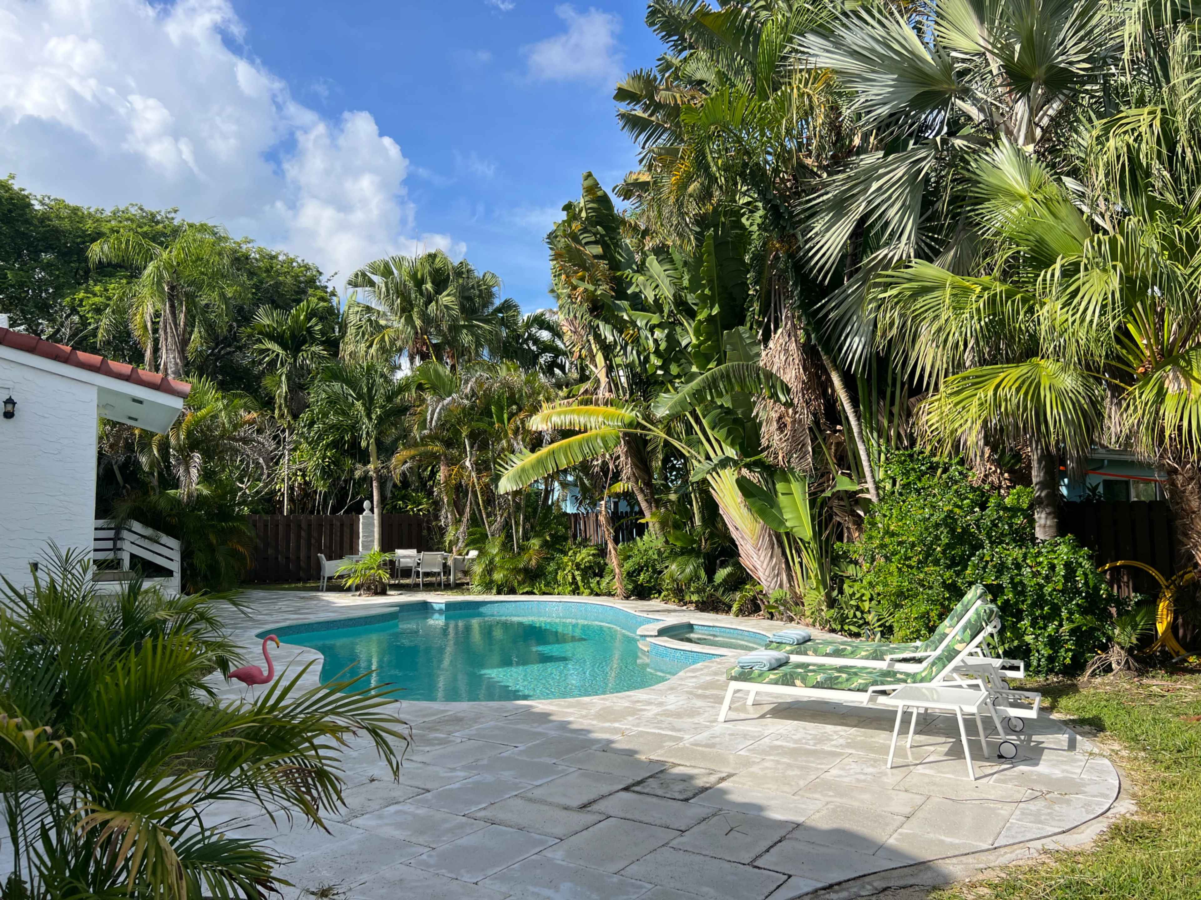A backyard pool area features a clear blue pool surrounded by tropical plants and lounge chairs on stone tiles.